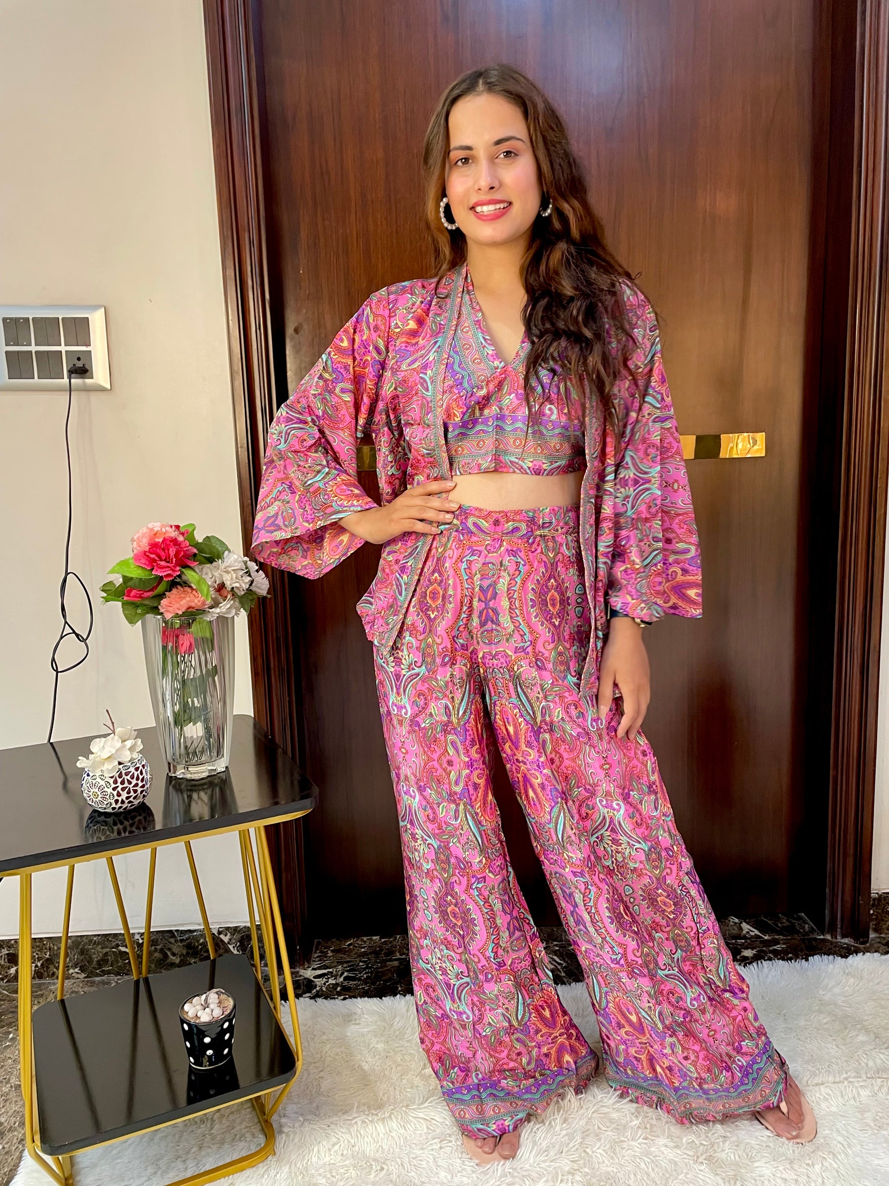 Boho Printed Bell Sleeves Kimono Coordinate Set - Rosy Blush