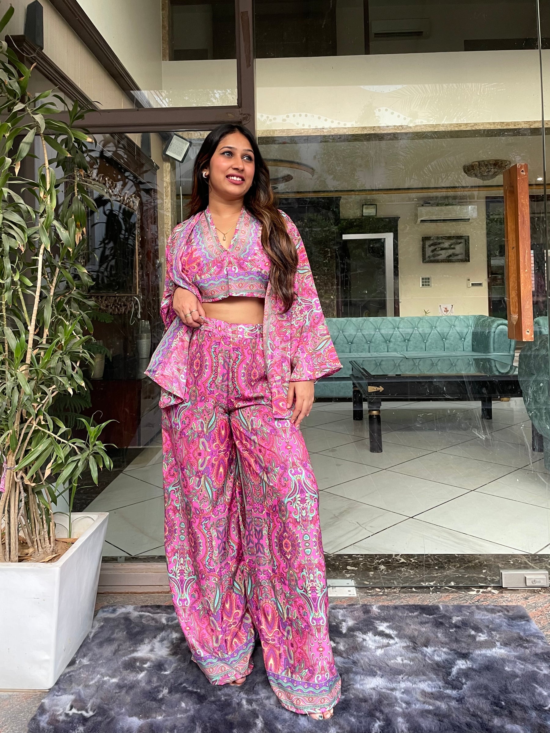 Boho Printed Bell Sleeves Kimono Coordinate Set - Rosy Blush