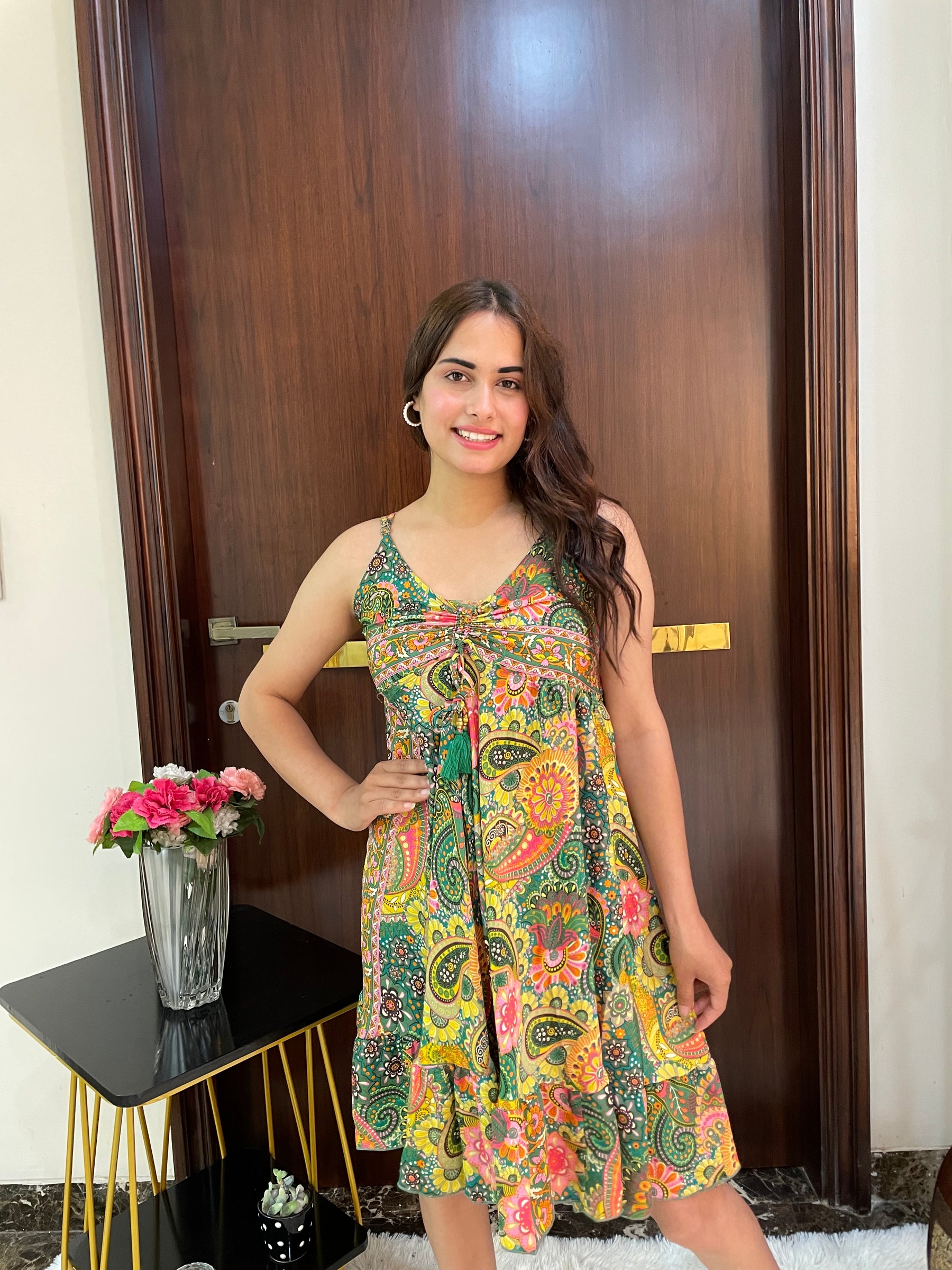 Ruched Bust Boho Printed Short Dress - Lime Sunshine