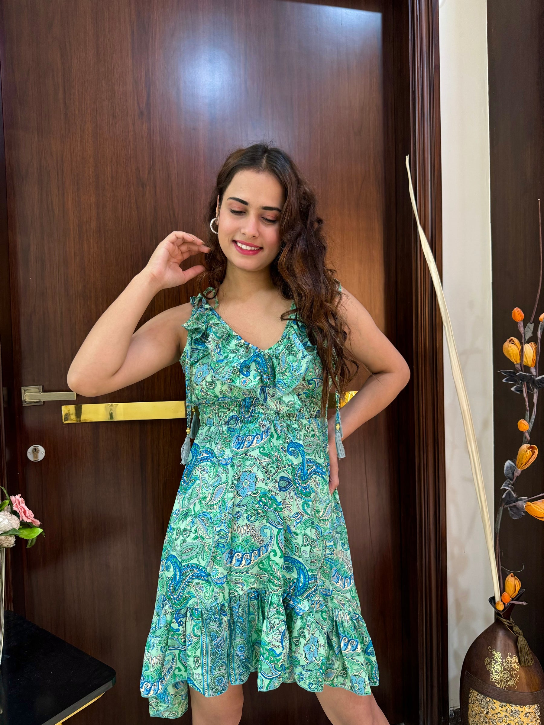 Frilled Flair Boho Printed Short Dress- Seaglass Dream SmisingBee