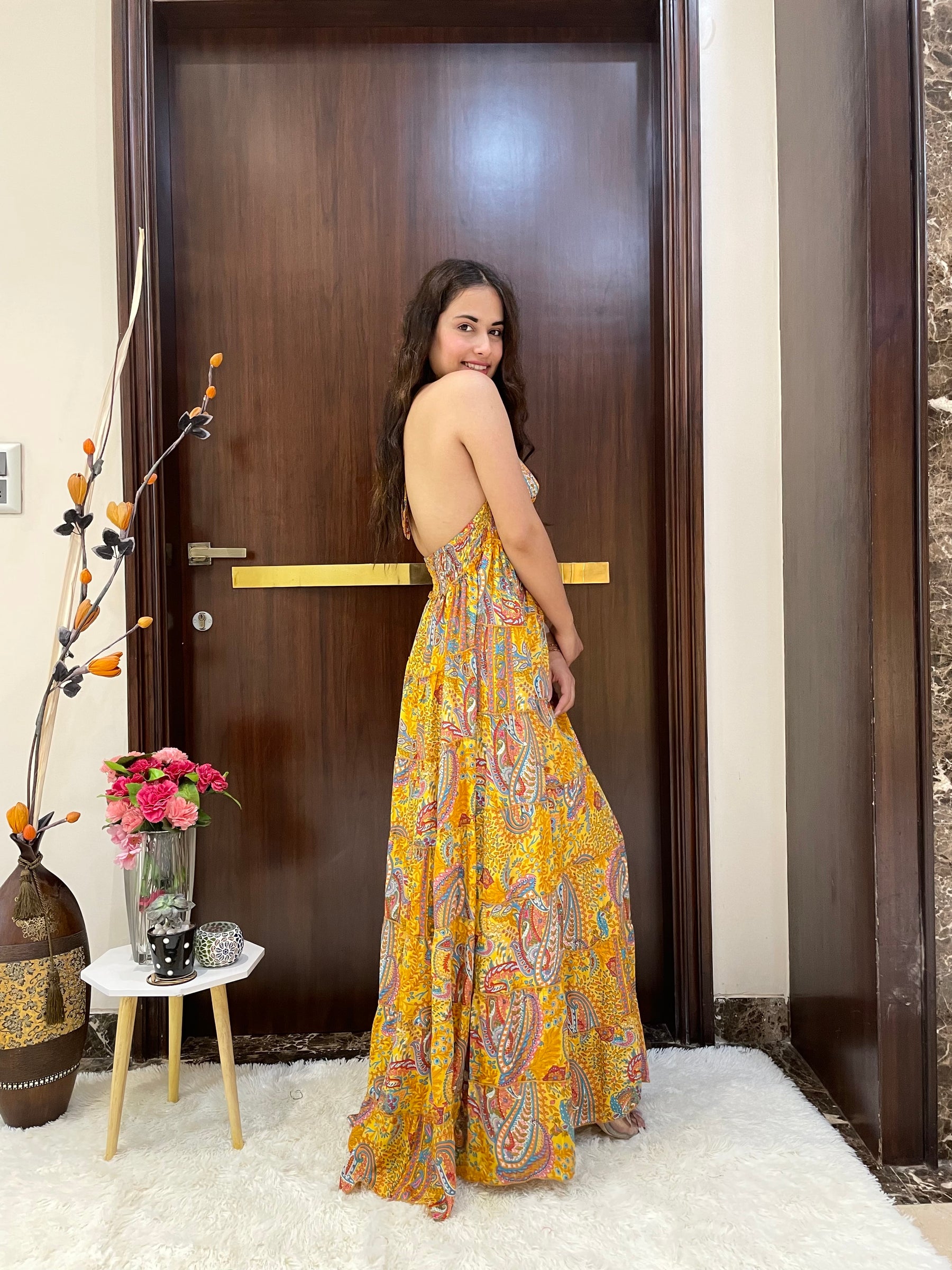 Halter Neck Multi Panel Boho printed Maxi Dress In Yellow
