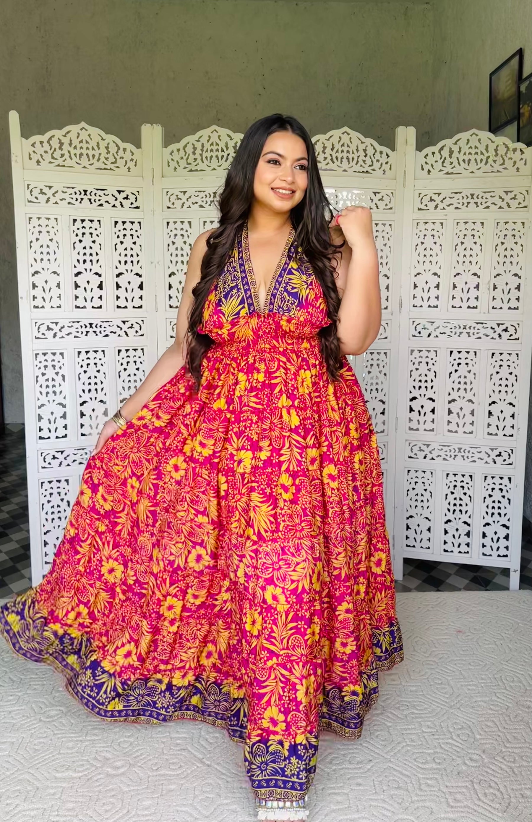 Halter Neck Multi Panel Boho printed Maxi Dress - Sunset Splendor