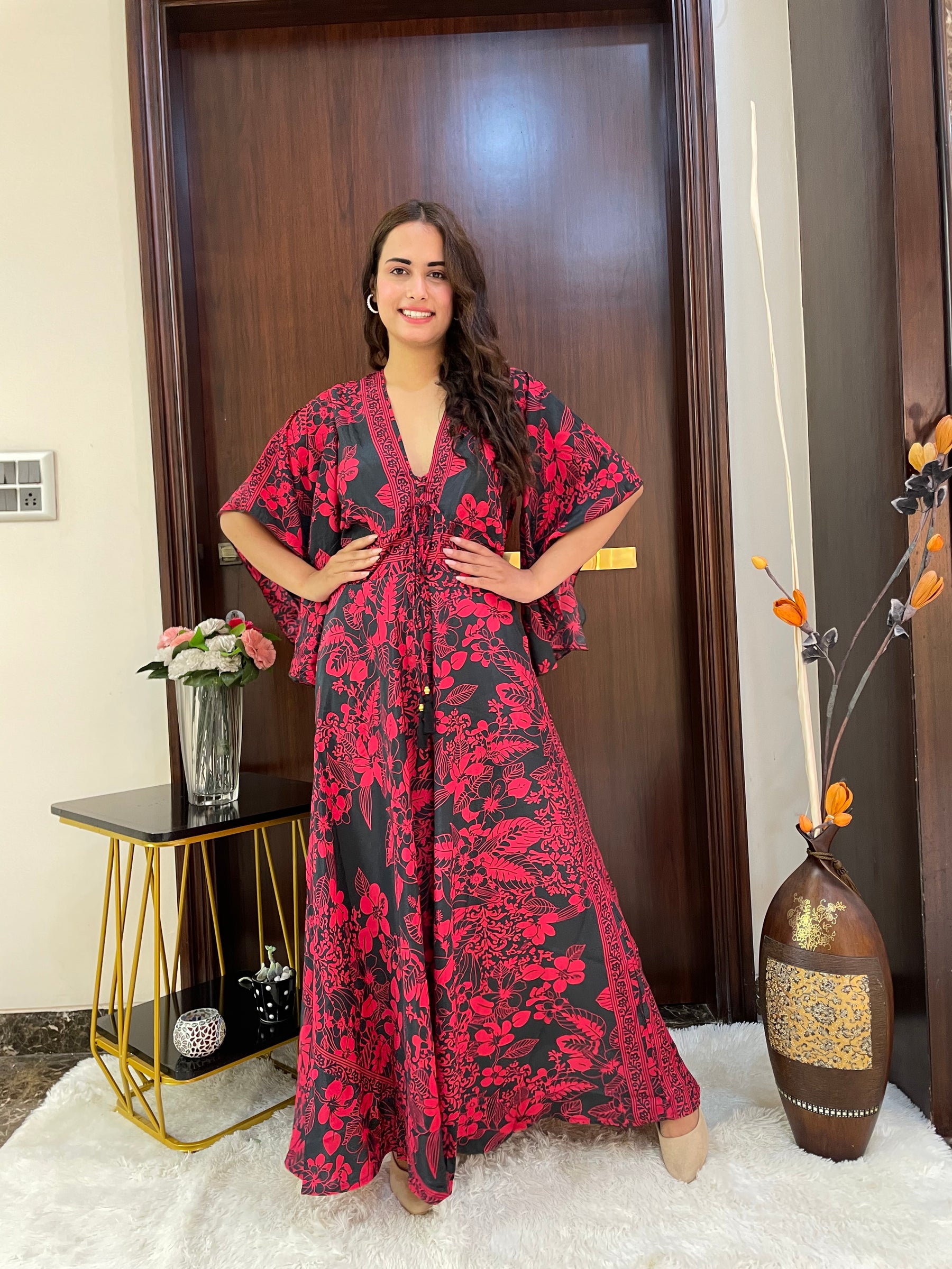 Bell Sleeves Criss Cross Front Boho Printed Maxi Dress - Red