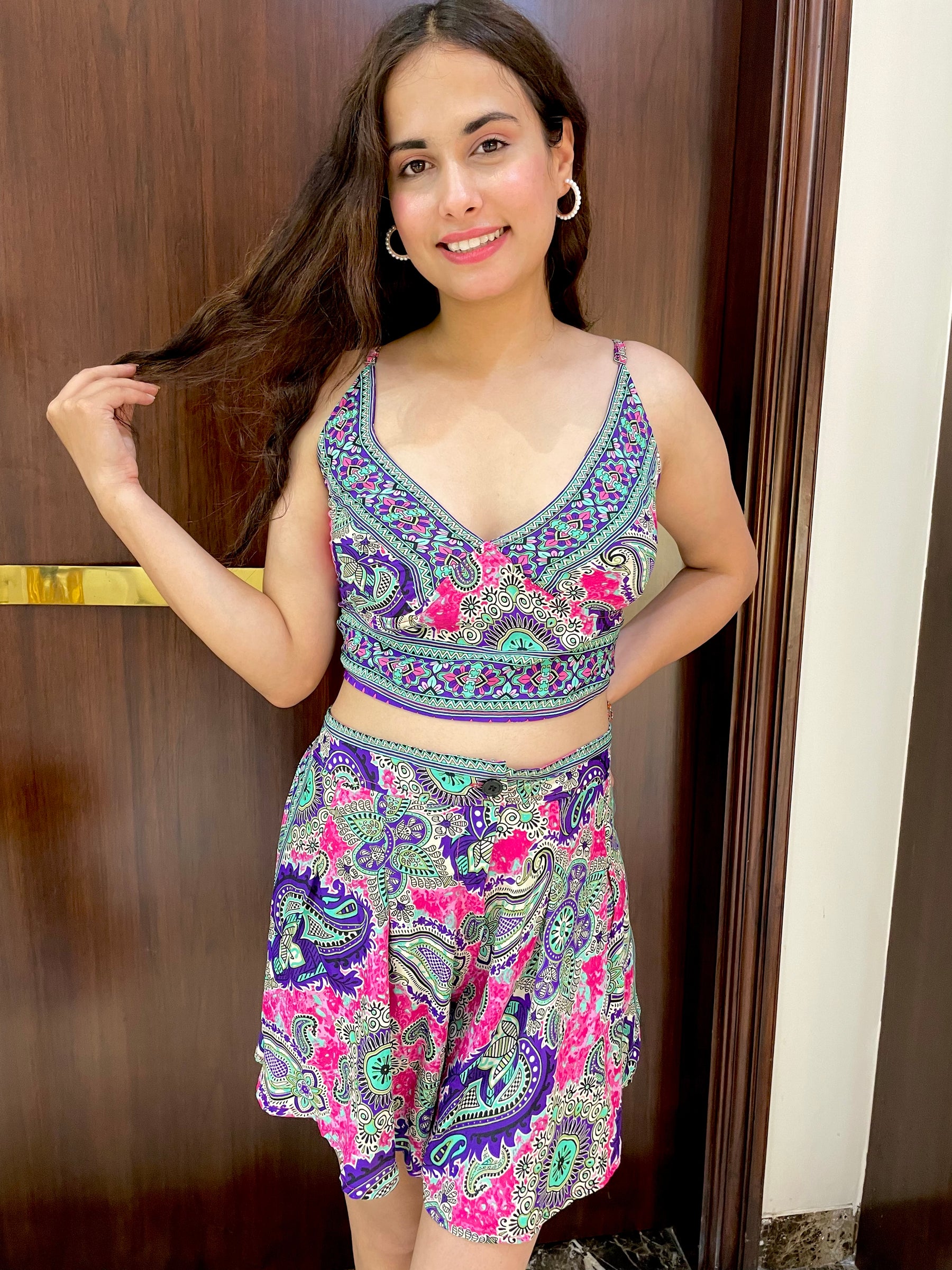 Puff Sleeves Kimono and Shorts Coordinate Set (3 Piece)- Pink