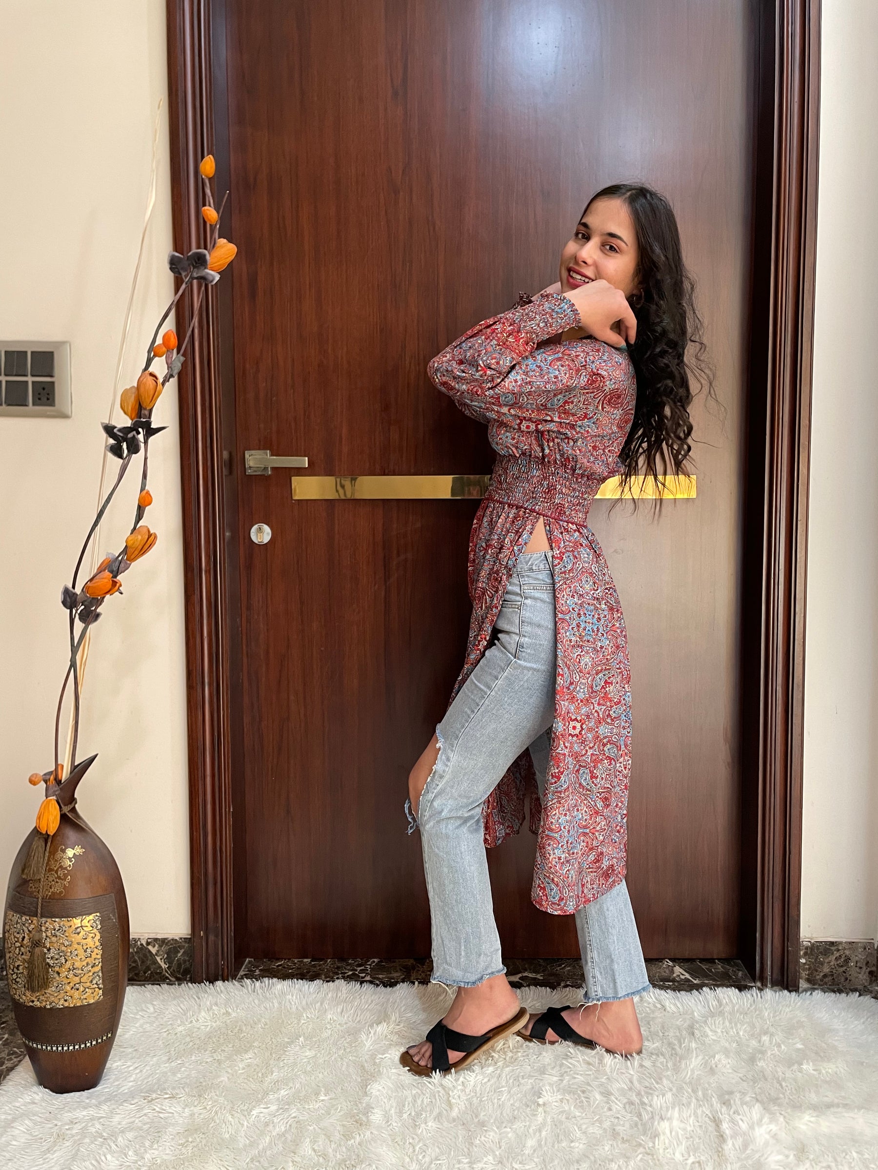 Middle Slit Boho Printed Long Top