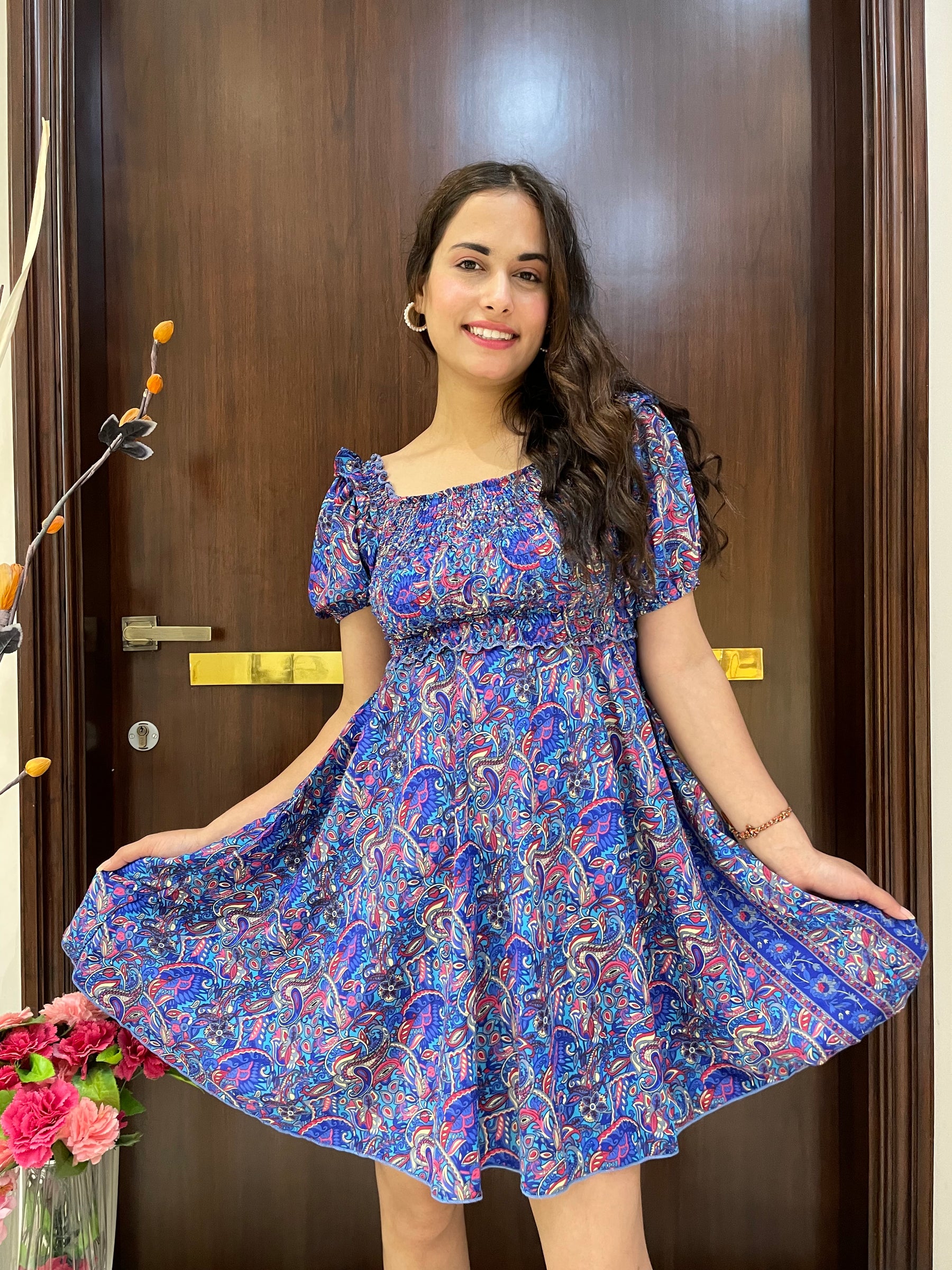 Elasticated Bust Boho Print Short Dress