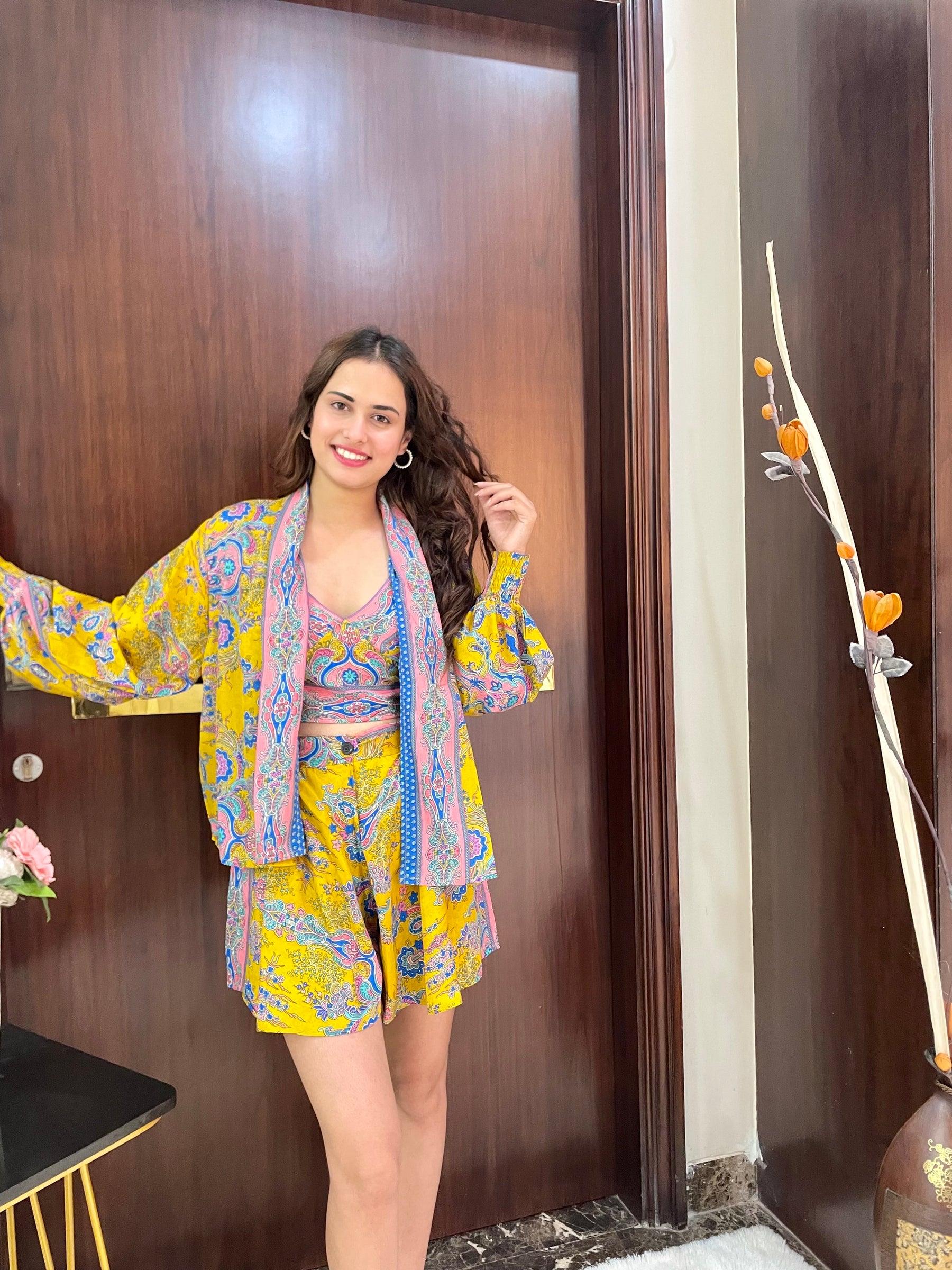 Puff Sleeves Kimono and Shorts Coordinate Set (3 Piece)- Lemon Zest Chic