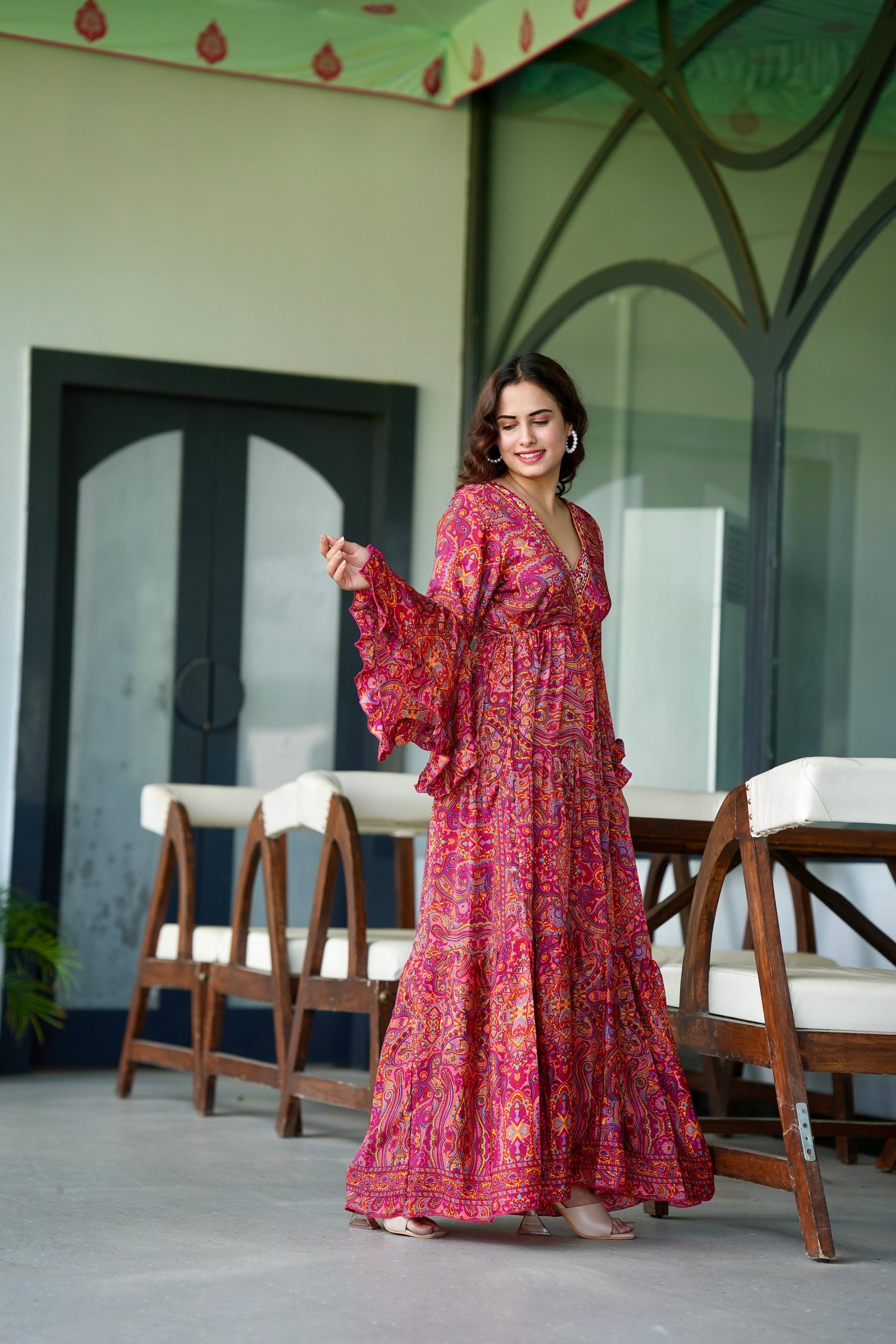 Ruffle Sleeves Boho Maxi Dress- Ruby Red Royalty