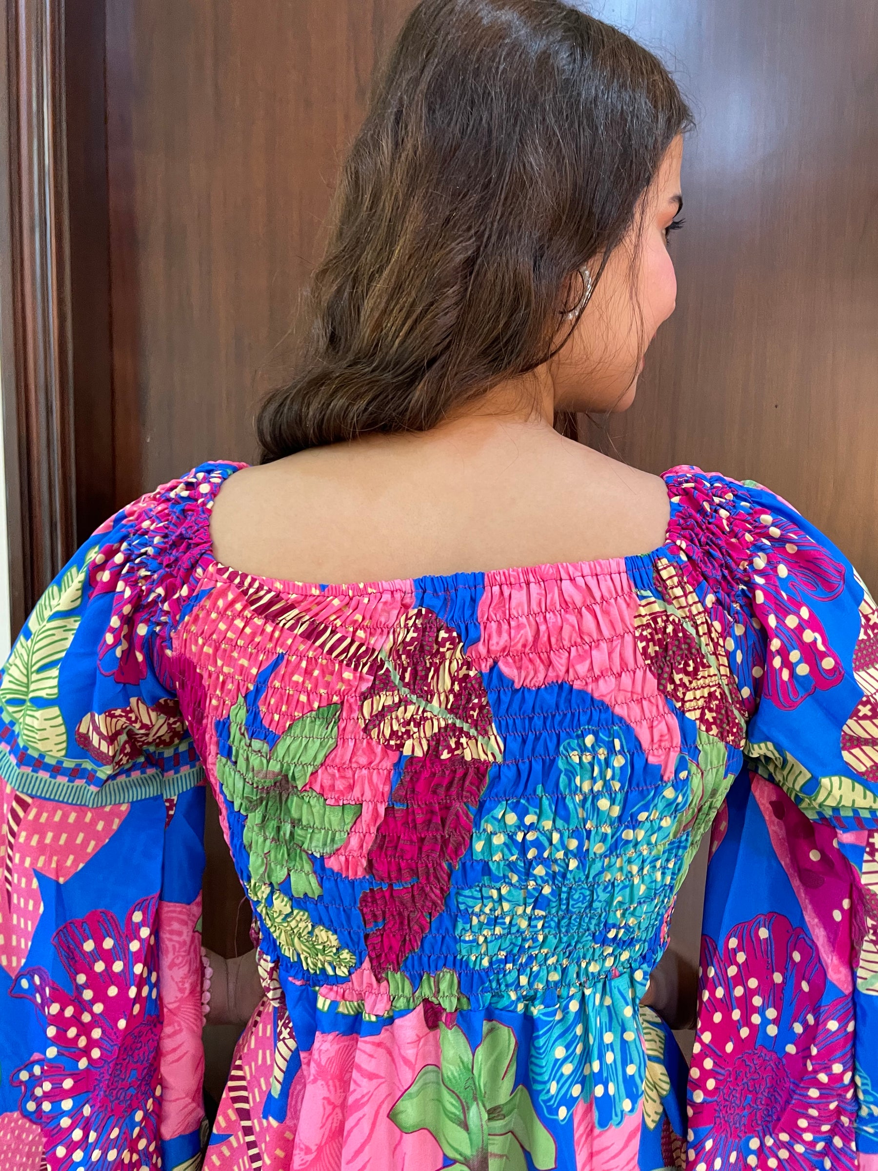 Elasticated Bust Bell Sleeves Boho Printed Short Dress - Blue