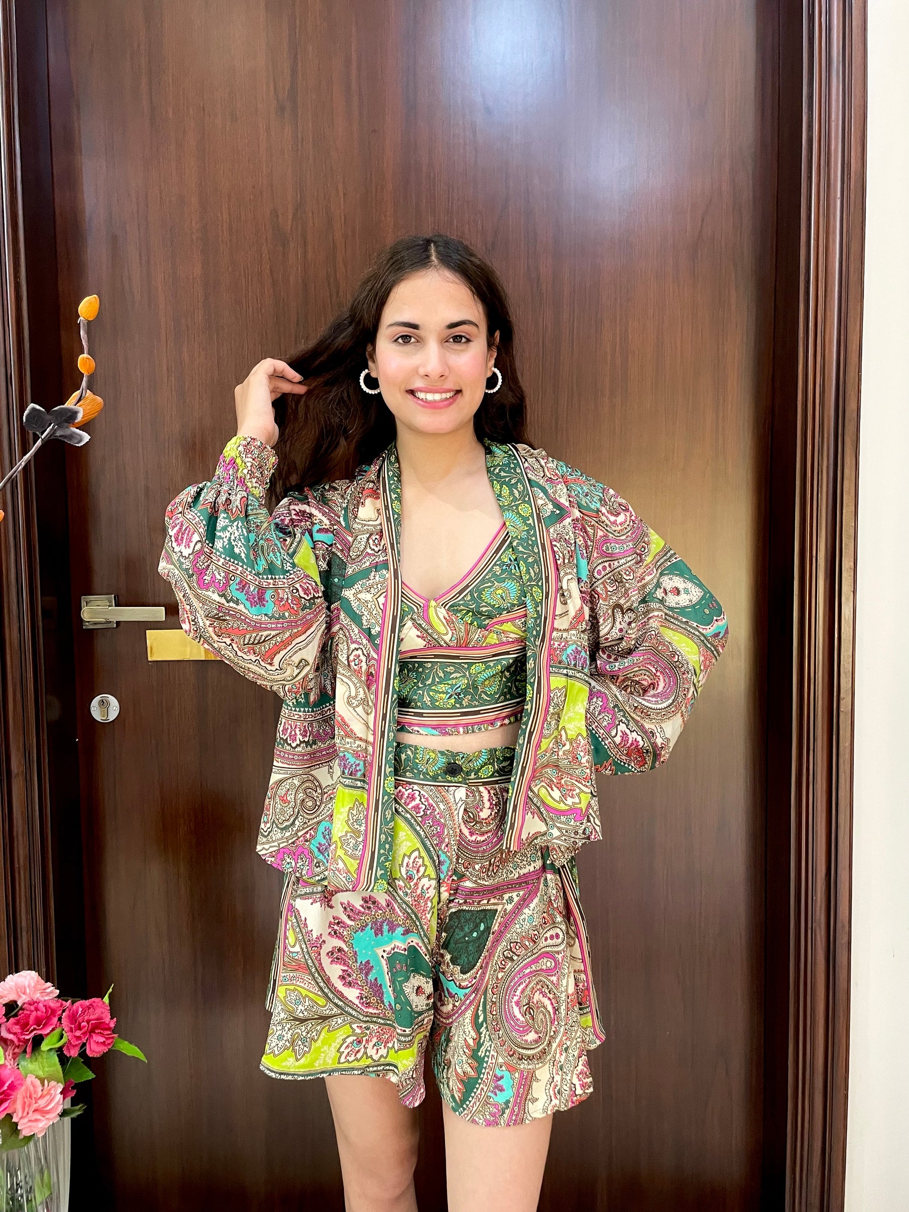 Puff Sleeves Kimono and Shorts Coordinate Set (3 Piece)- Green