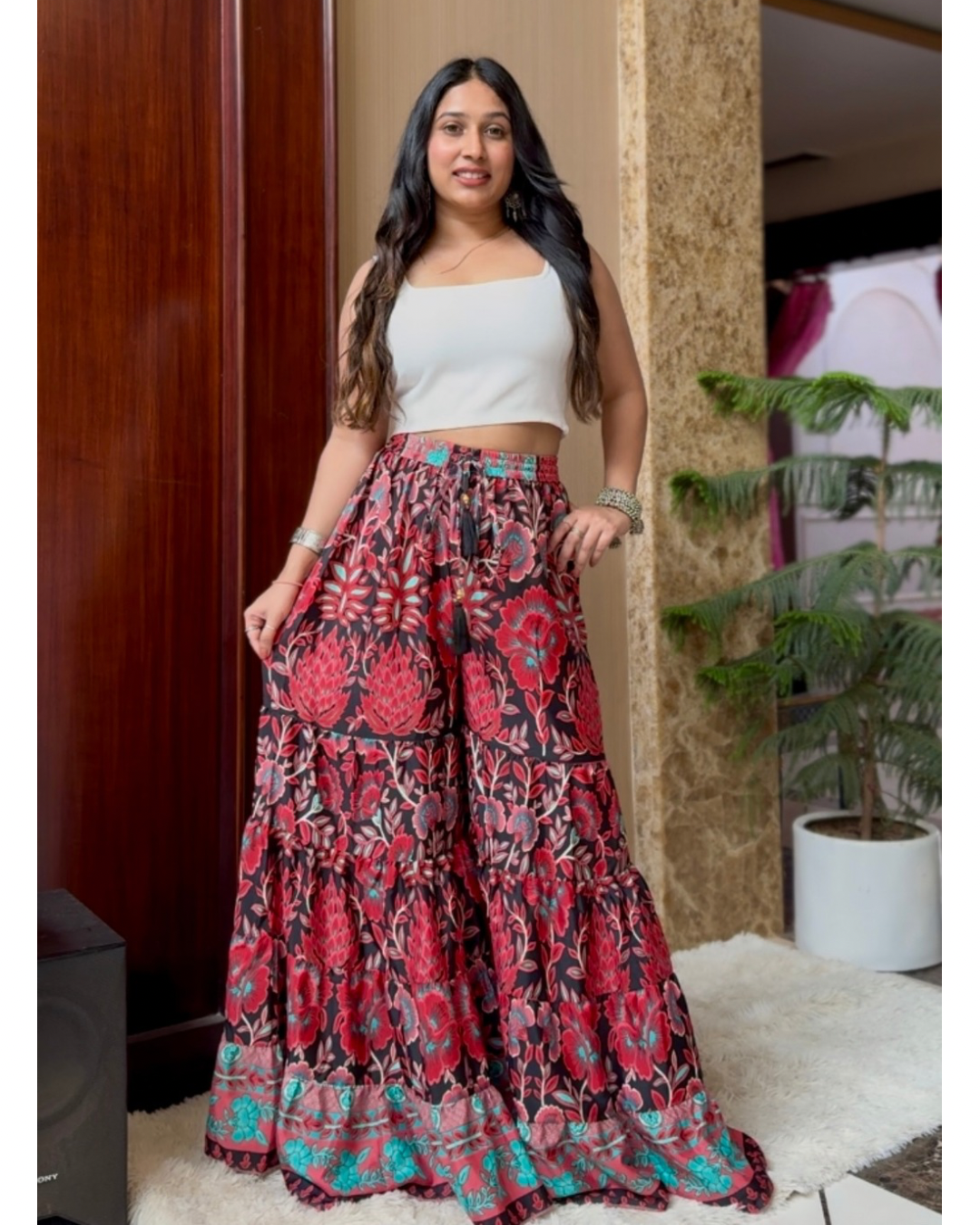 Ruffle Panel Boho Printed Palazzo - Red