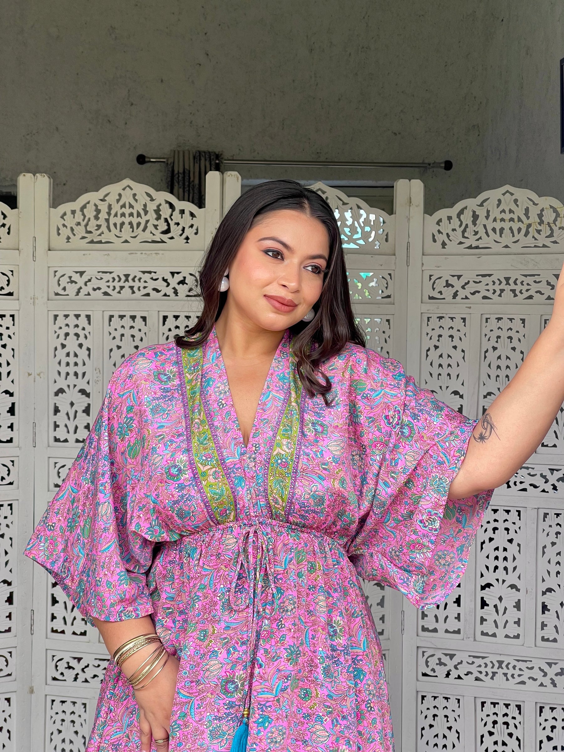 SmisingBee Curve Kaftan Pattern Boho Printed Maxi Dress - Pink Petal