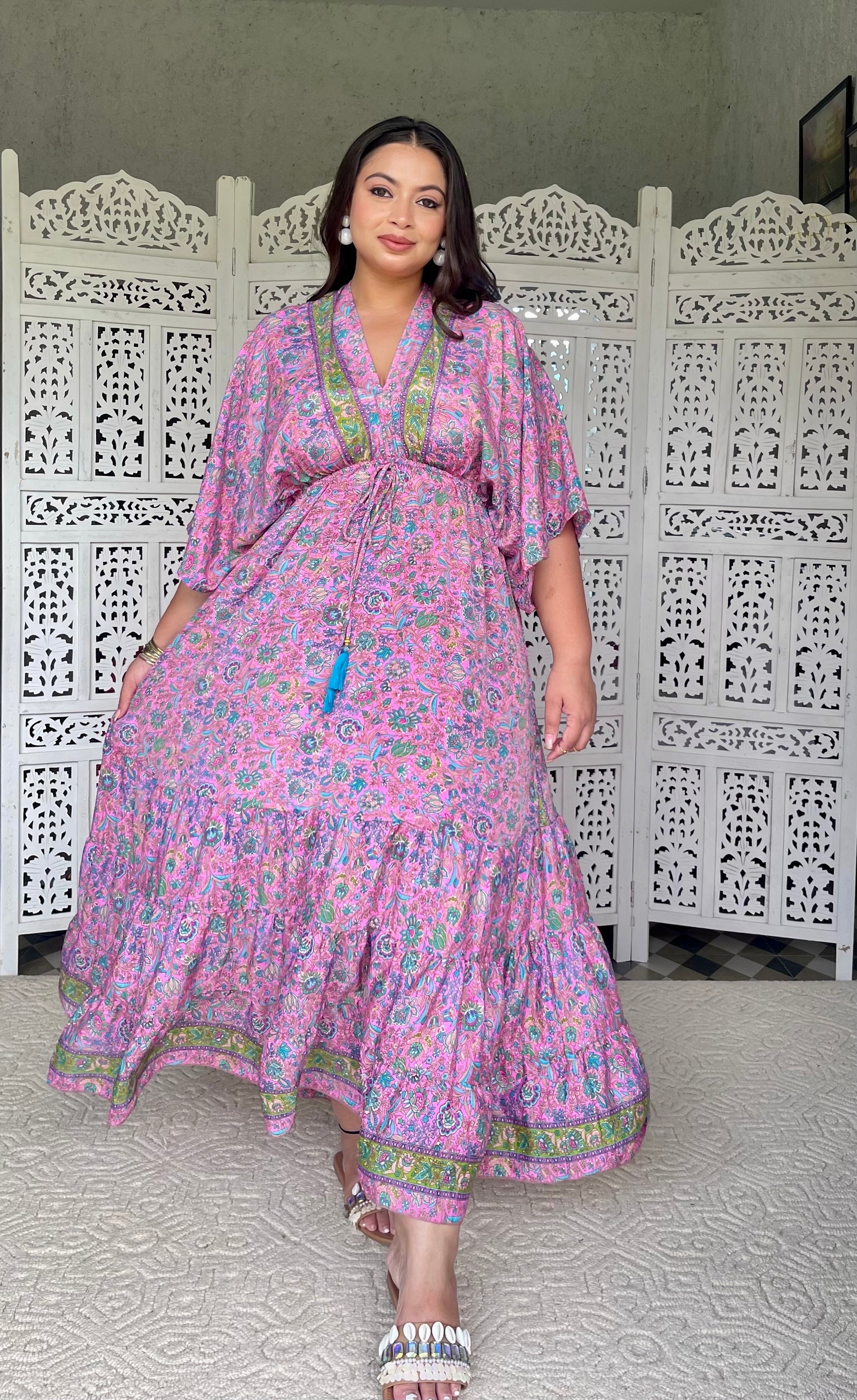 SmisingBee Curve Kaftan Pattern Boho Printed Maxi Dress - Pink Petal
