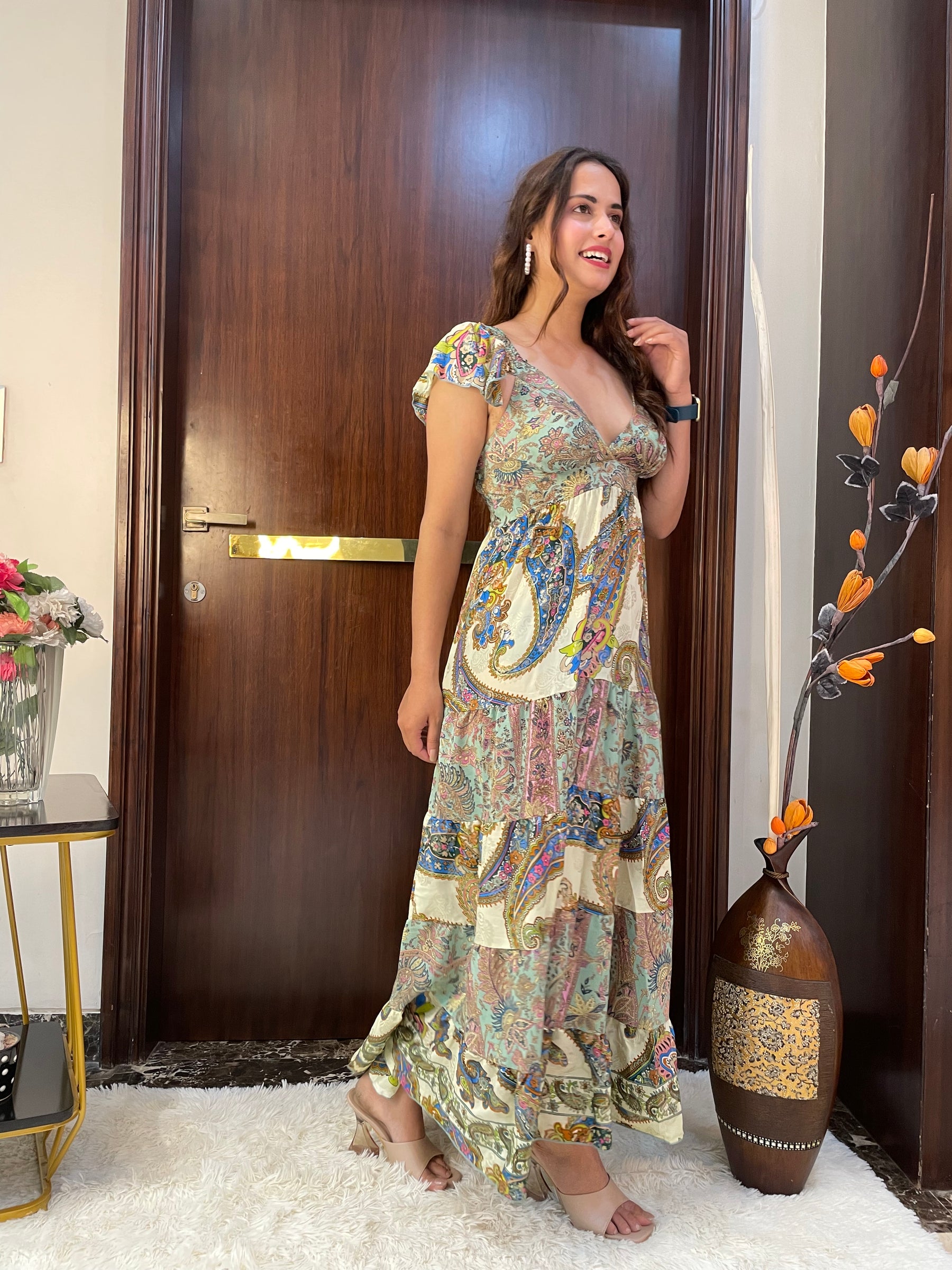 Foil Print Two Color Boho Maxi Dress