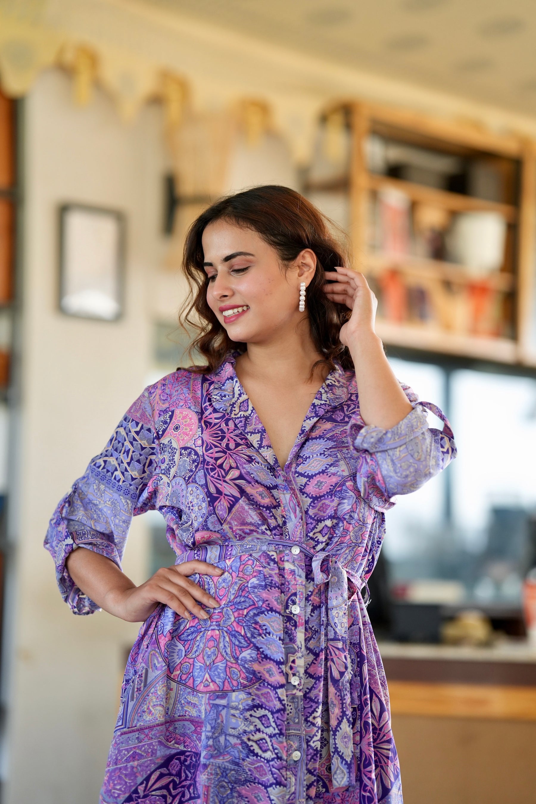 Boho Printed Shirt Dress - Mauve Mist