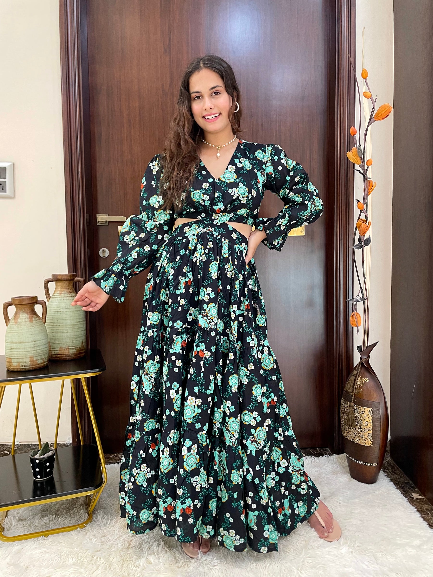 Midnight Bloom Cut Out Cotton Long Dress