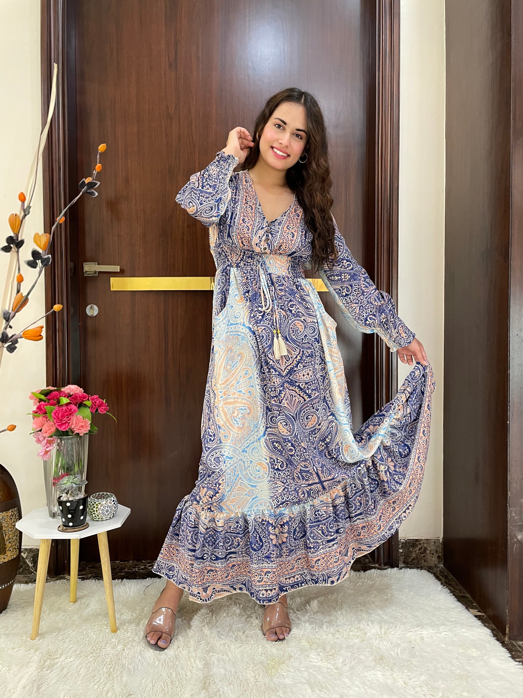 Two shade full sleeves gold(foil)print featured boho maxi dress - Smisingbee