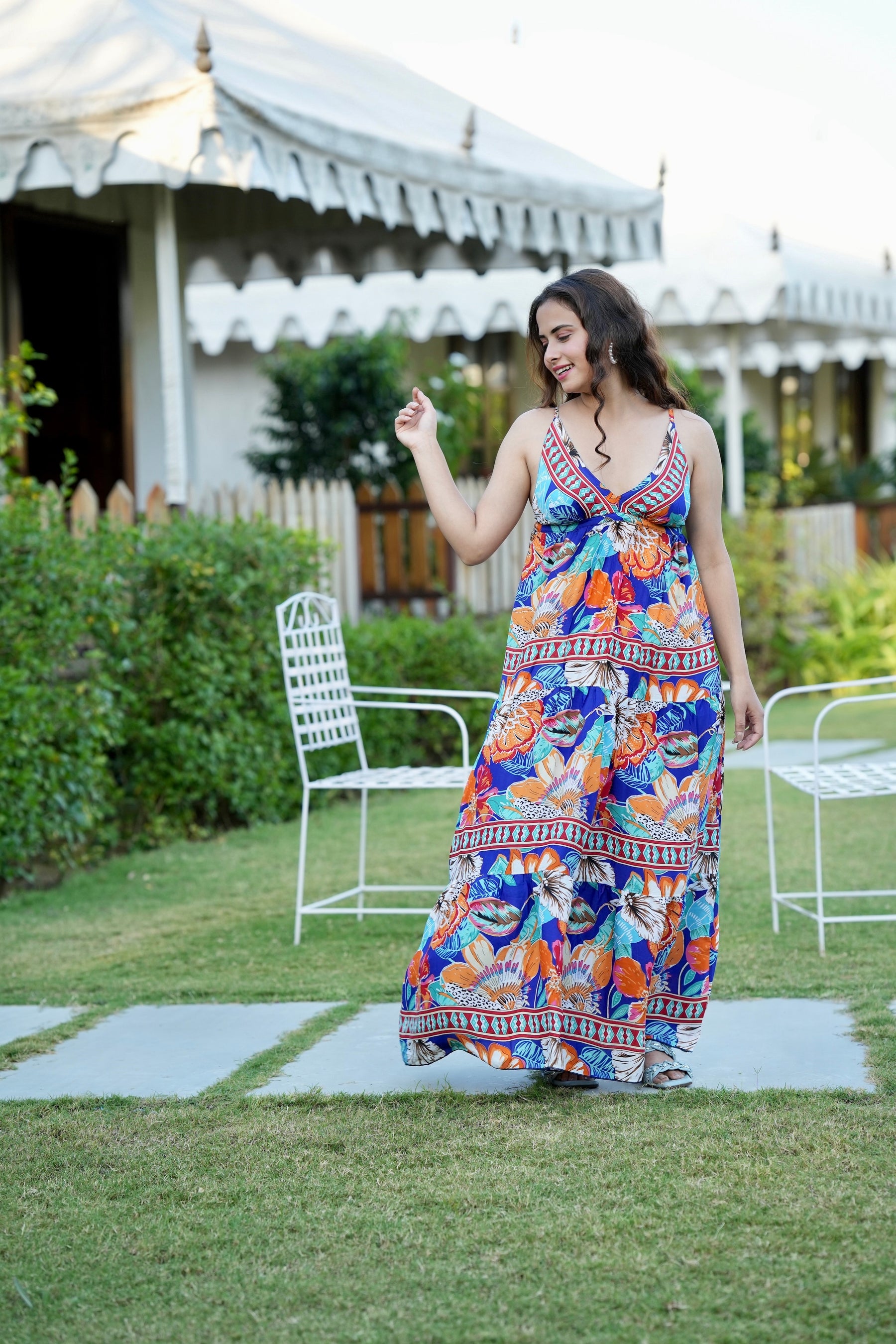 Multi Panel Boho Printed Maxi Dress - Blue Patel