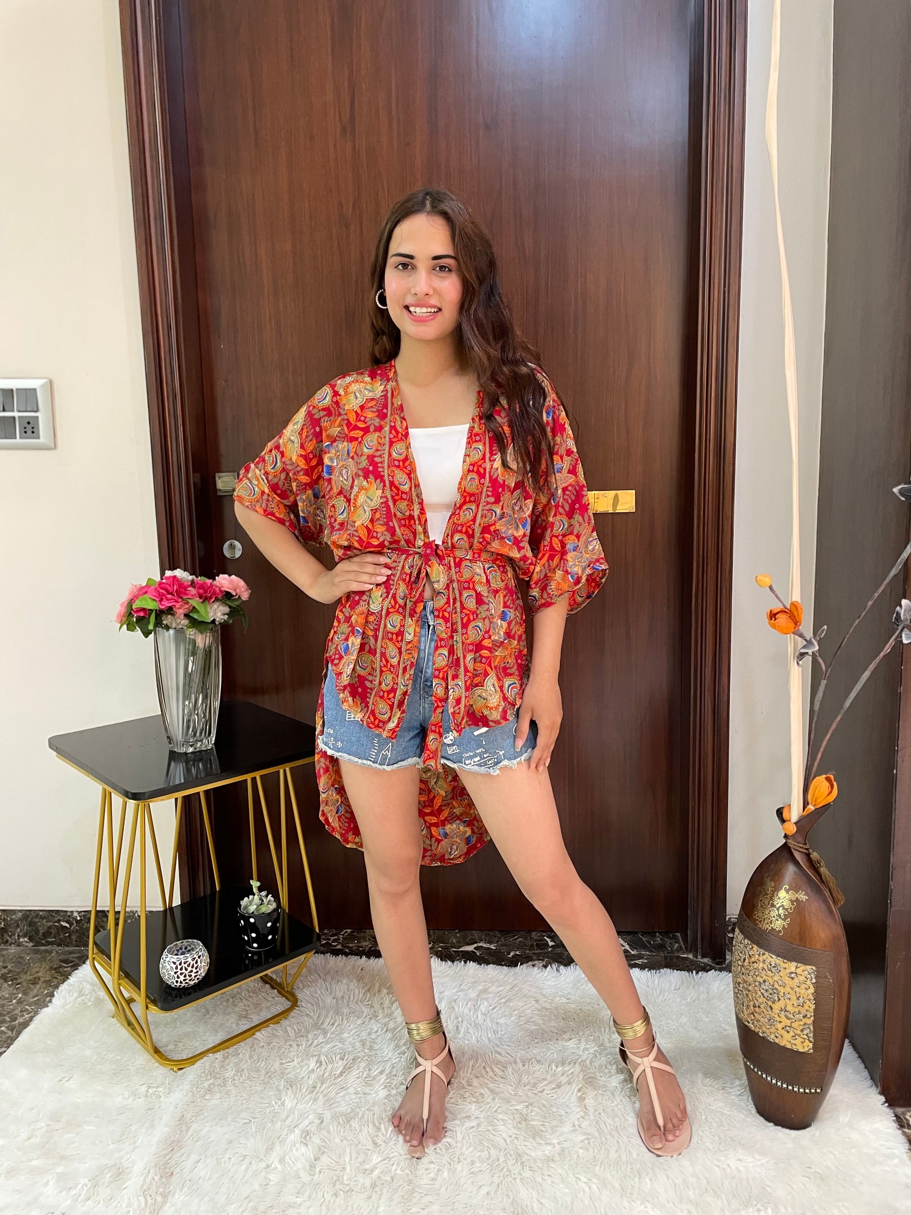 Asymmetric Boho Printed Kimono - Sunset Glow