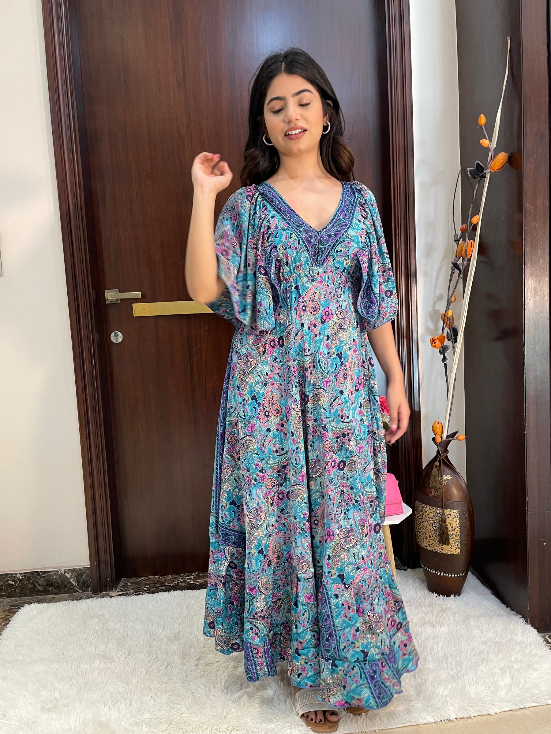 Deep V neck gold (foil) print featured boho maxi dress-Smisingbee