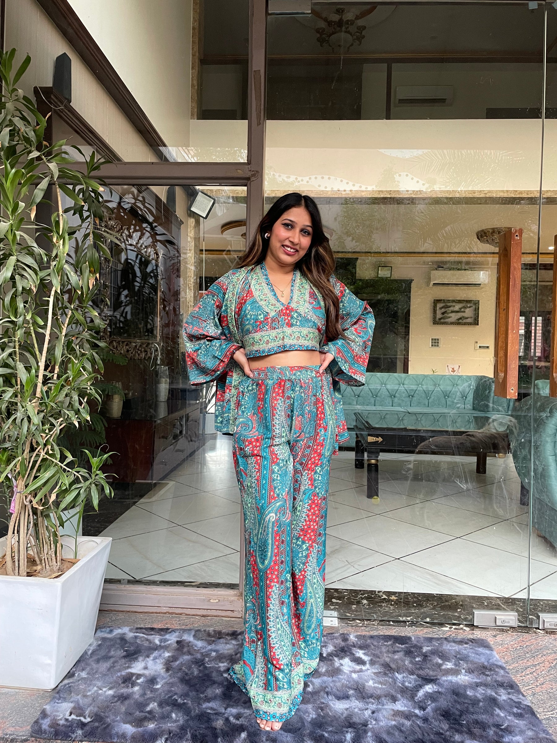 Boho Printed Bell Sleeves Kimono Coordinate Set - Deep Seaglass