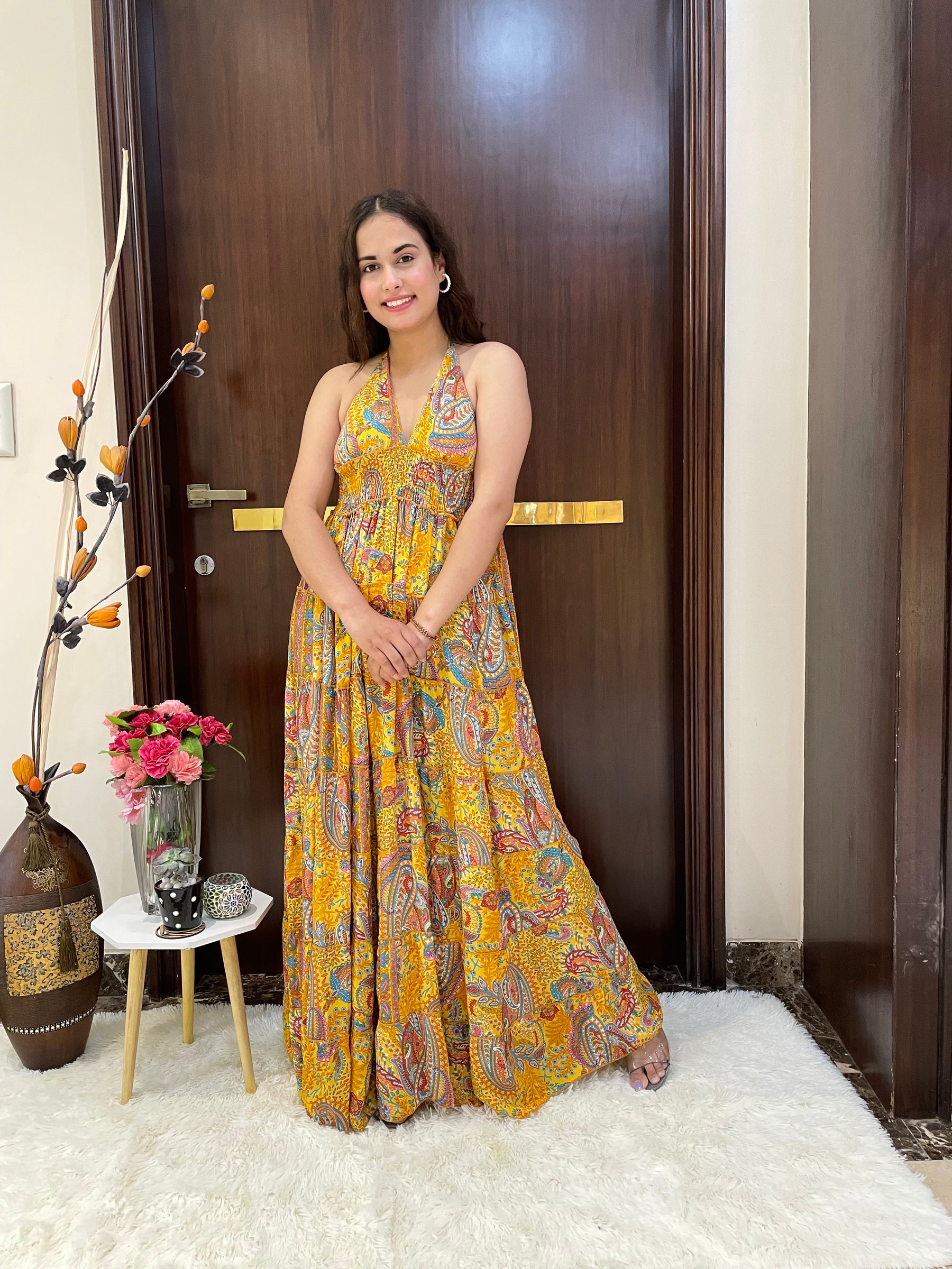 Halter Neck Multi Panel Boho printed Maxi Dress In Yellow