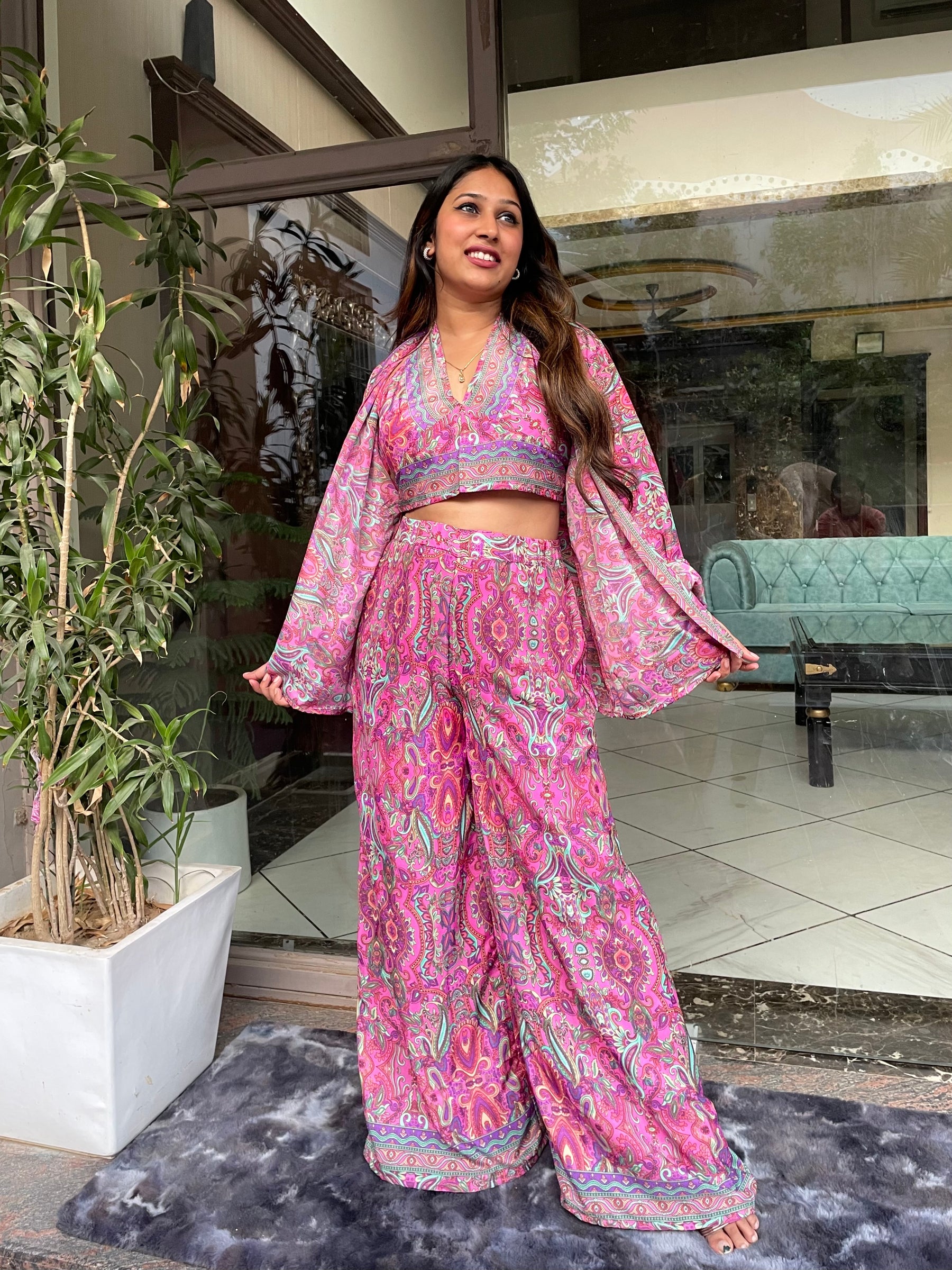 Boho Printed Bell Sleeves Kimono Coordinate Set - Rosy Blush