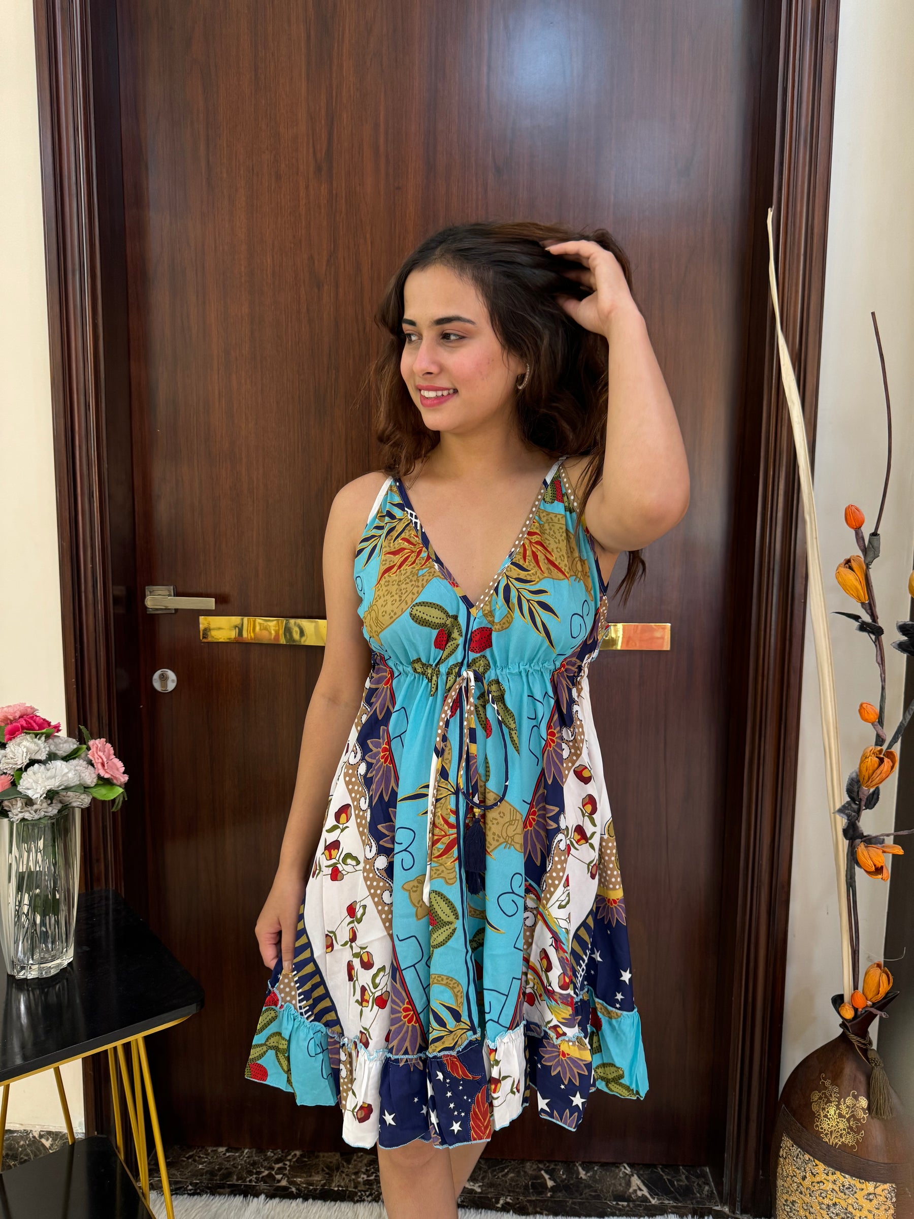 Frilled Flair Back Boho Printed Short Dress- Starlight SmisingBee