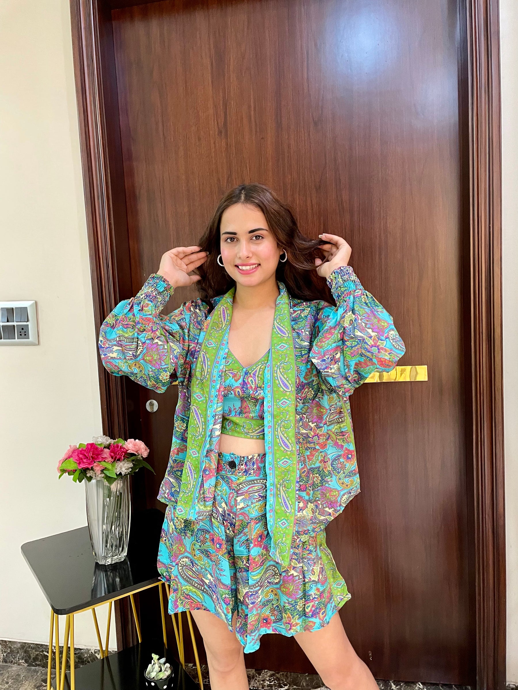 Puff Sleeves Kimono and Shorts Coordinate Set (3 Piece)- Tropical Teal