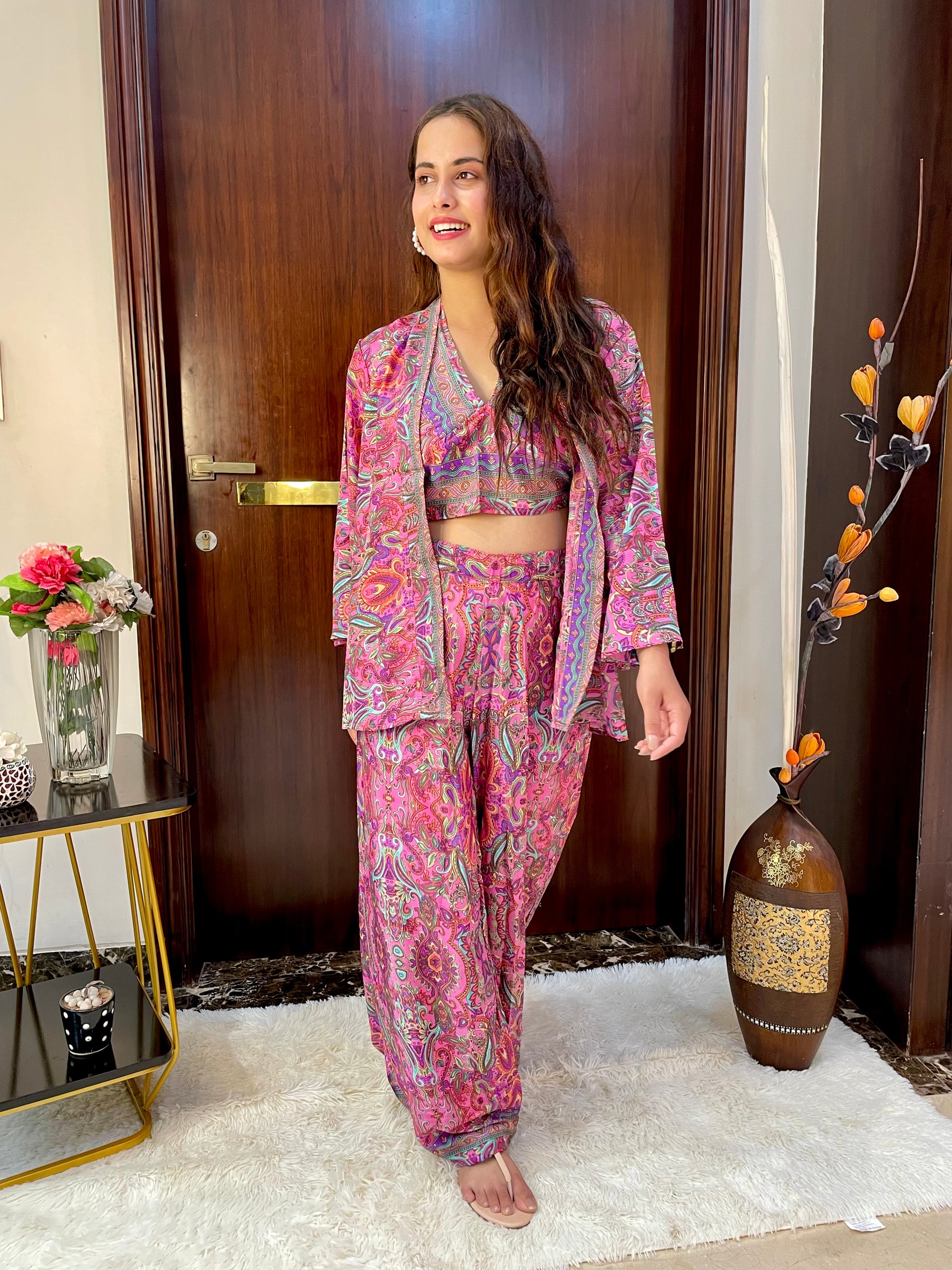 Boho Printed Bell Sleeves Kimono Coordinate Set - Rosy Blush