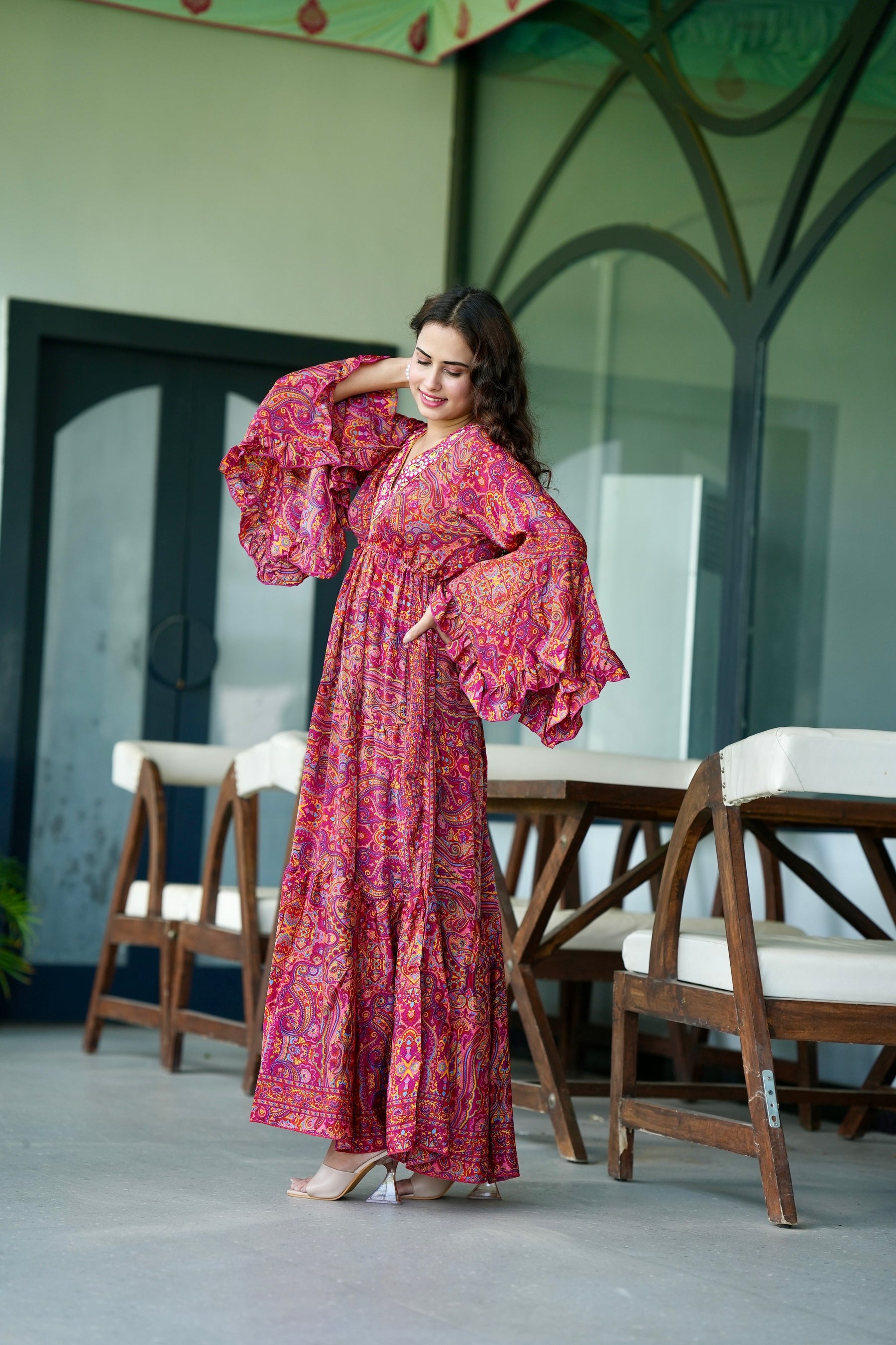 Ruffle Sleeves Boho Maxi Dress- Ruby Red Royalty