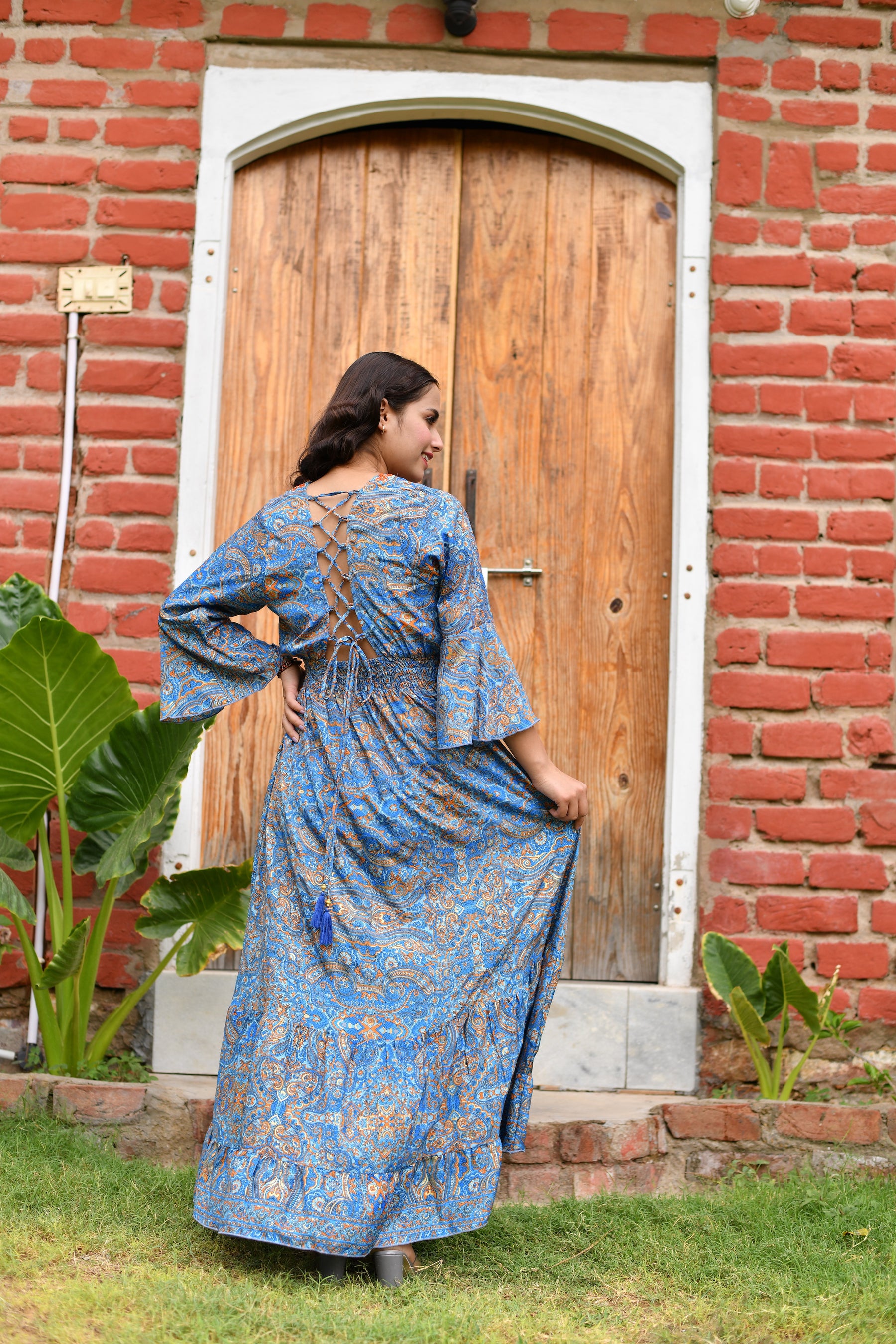 Long embroidery featured cross back boho maxi dress- Smisingbee