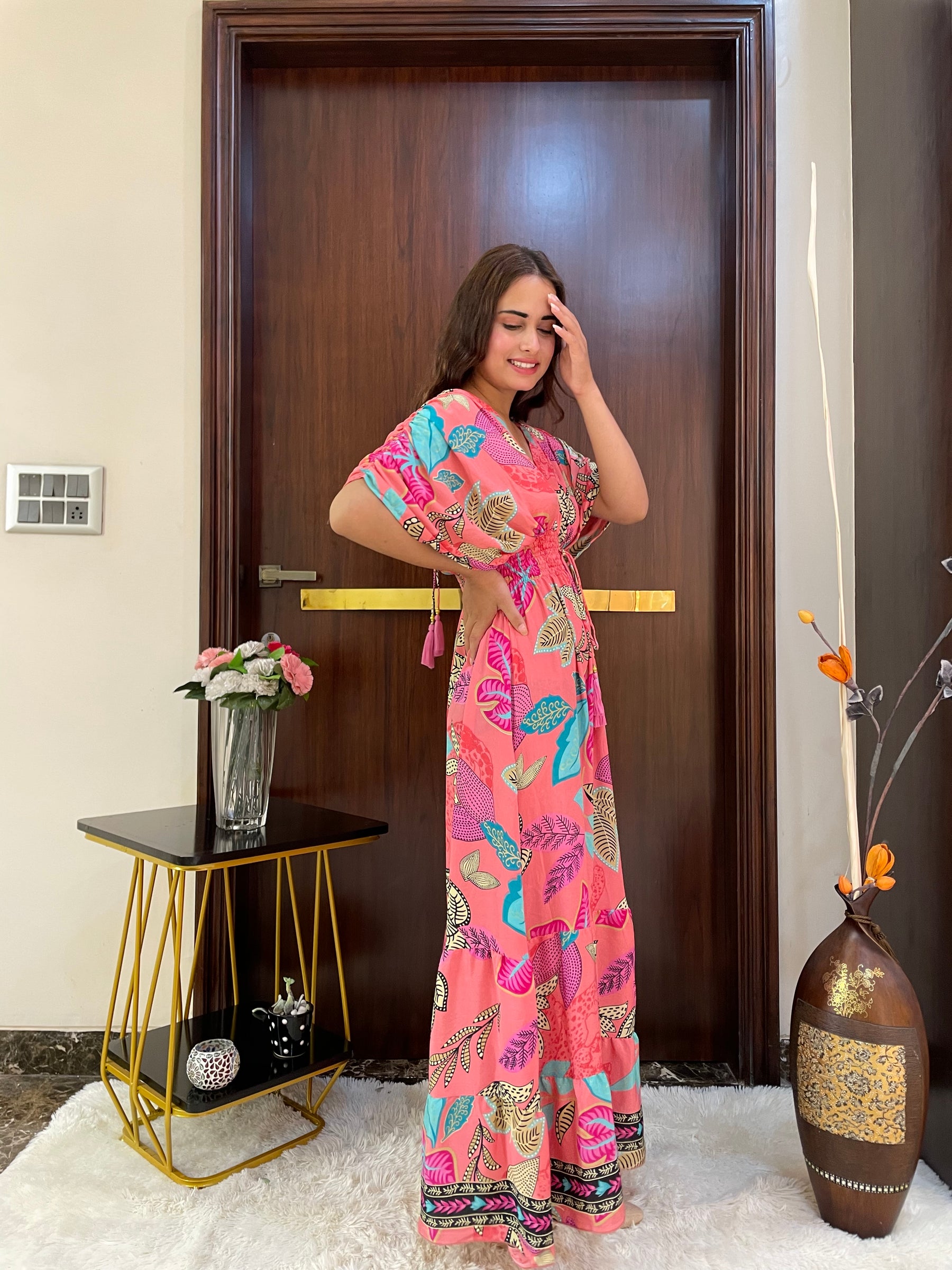 Balloon Pattern Boho Printed Maxi Dress - Peach Punk