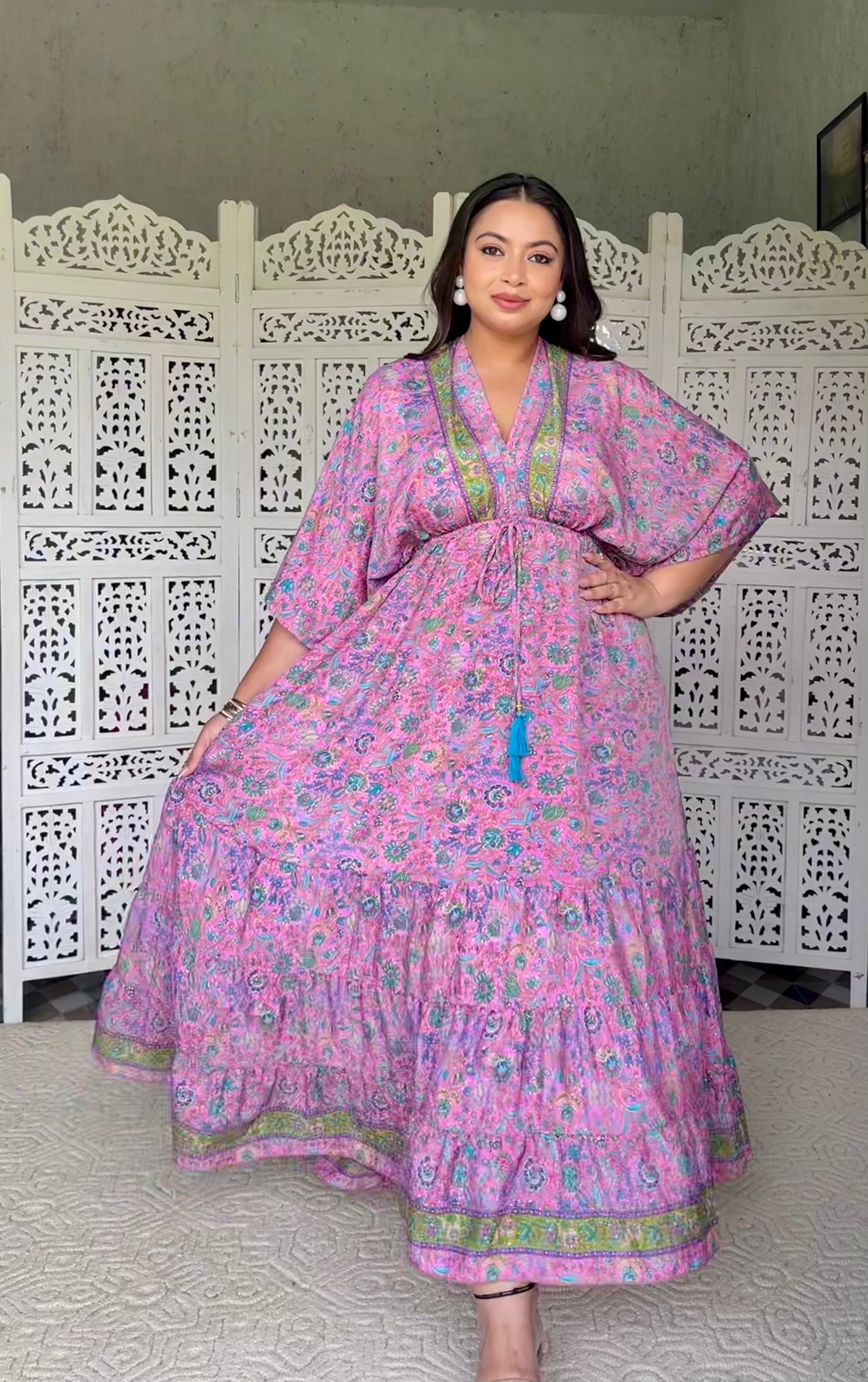 SmisingBee Curve Kaftan Pattern Boho Printed Maxi Dress - Pink Petal