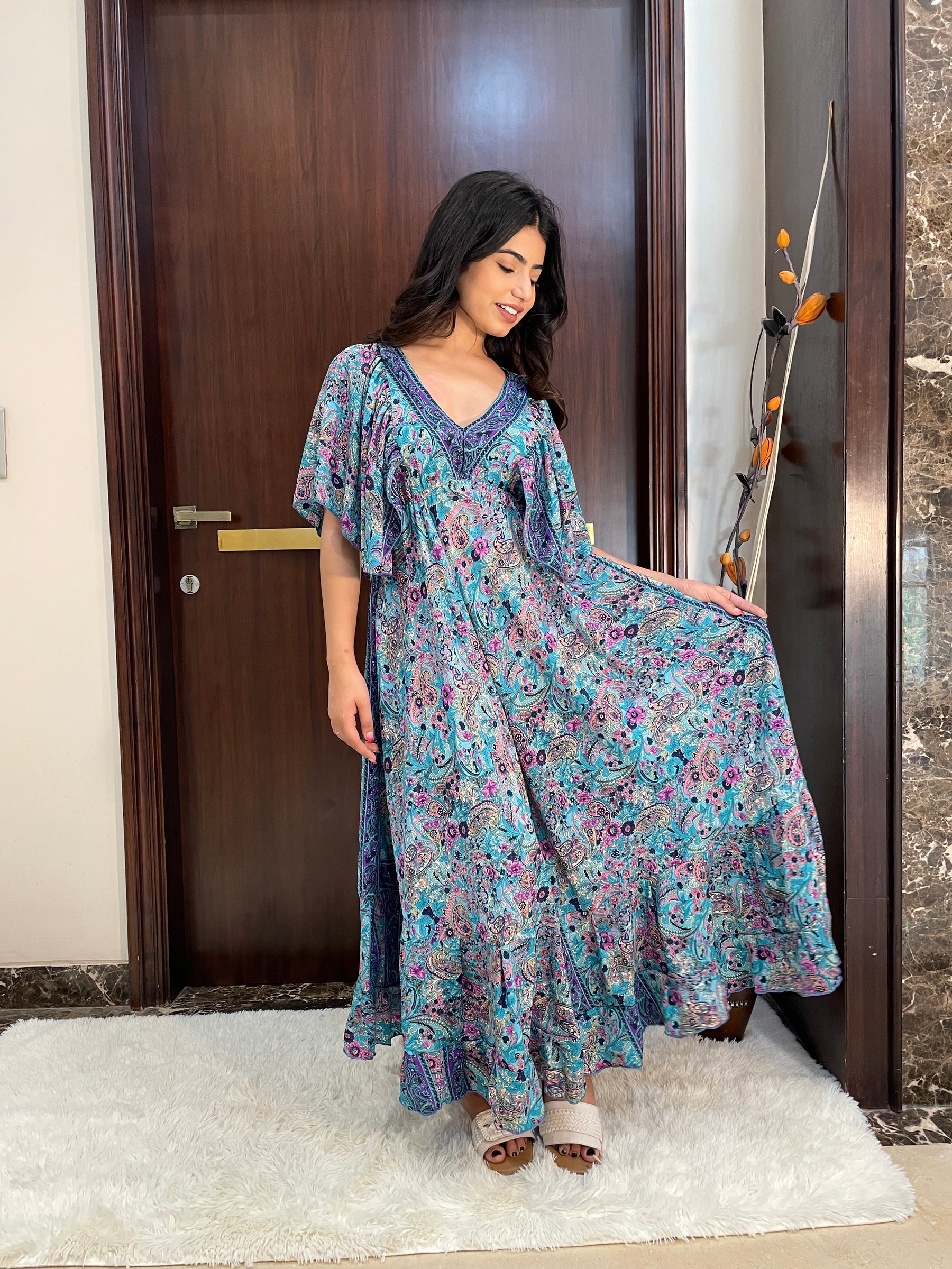 Deep V neck gold (foil) print featured boho maxi dress-Smisingbee