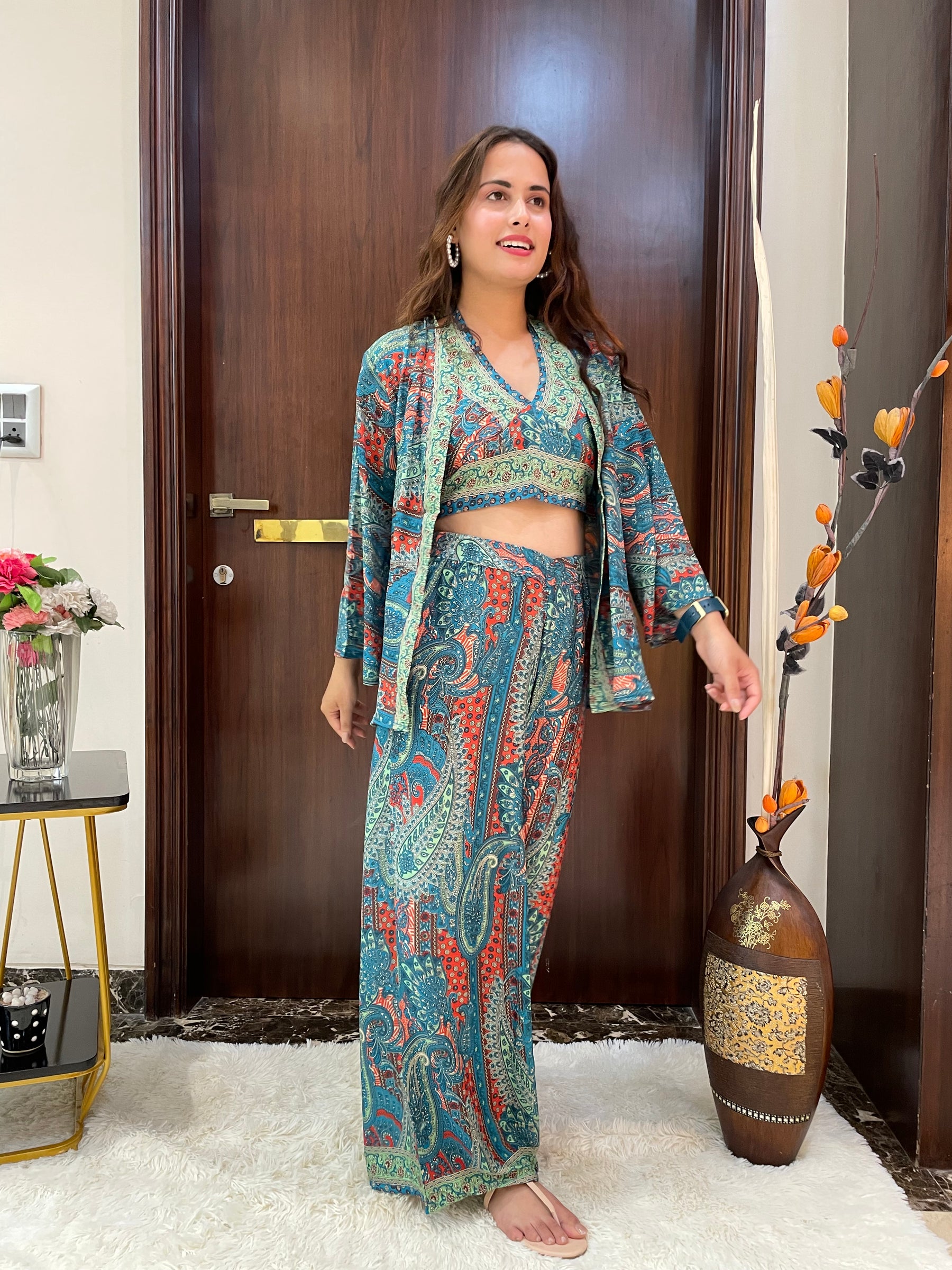 Boho Printed Bell Sleeves Kimono Coordinate Set - Deep Seaglass