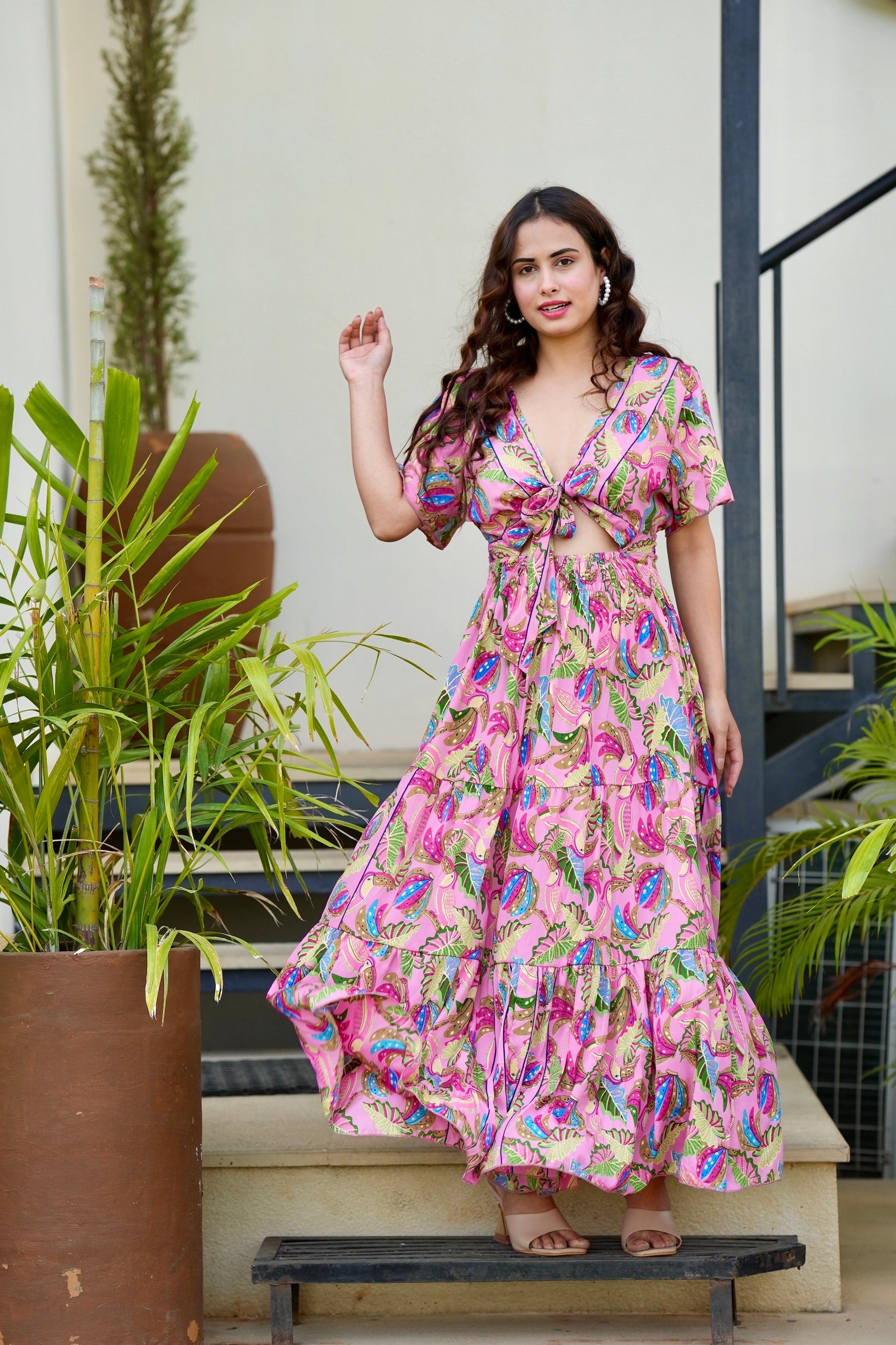 Tie front ruffle hem gold(foil) print featured maxi dress- Candyfloss Smisingbee
