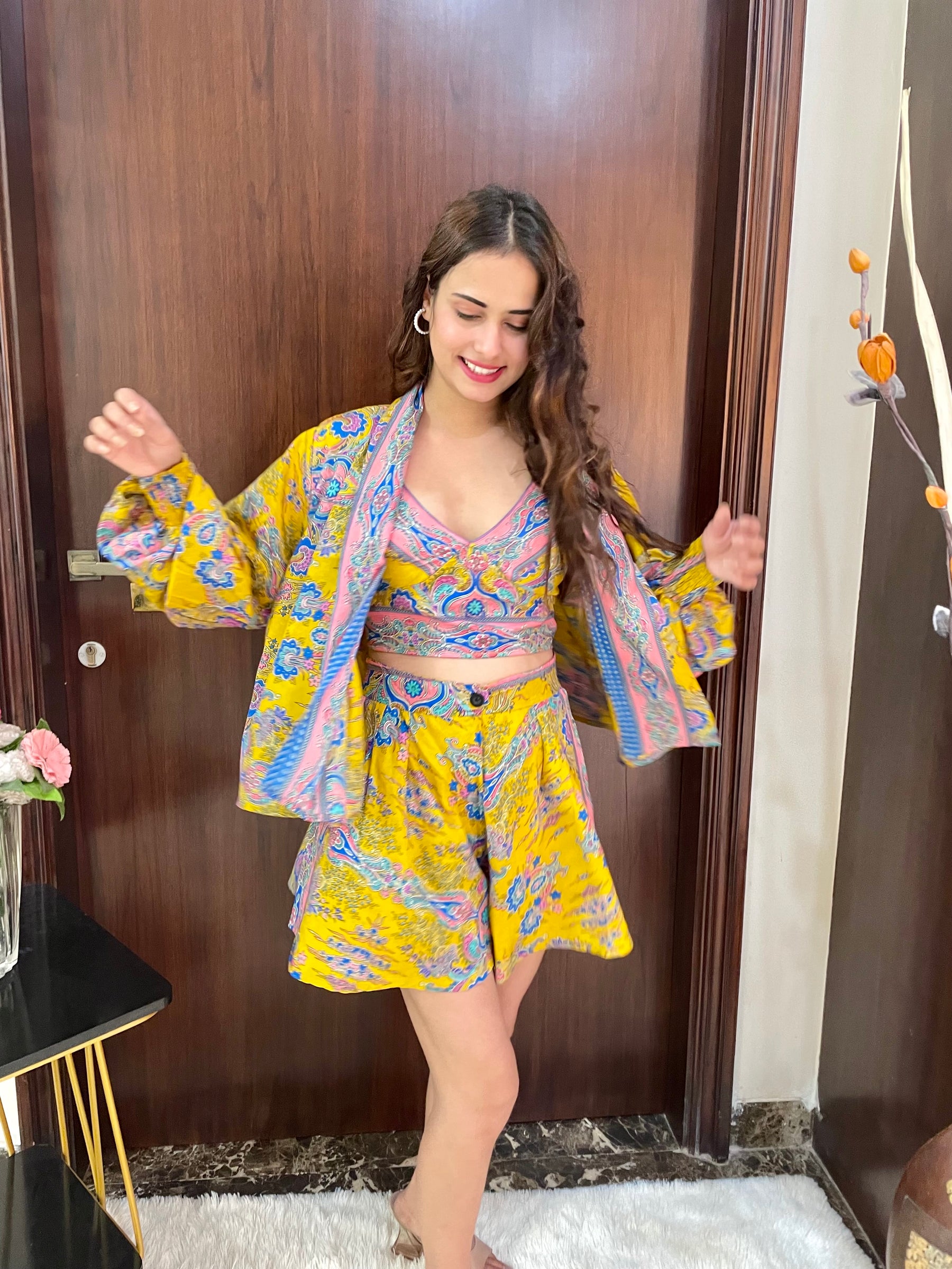 Puff Sleeves Kimono and Shorts Coordinate Set (3 Piece)- Lemon Zest Chic