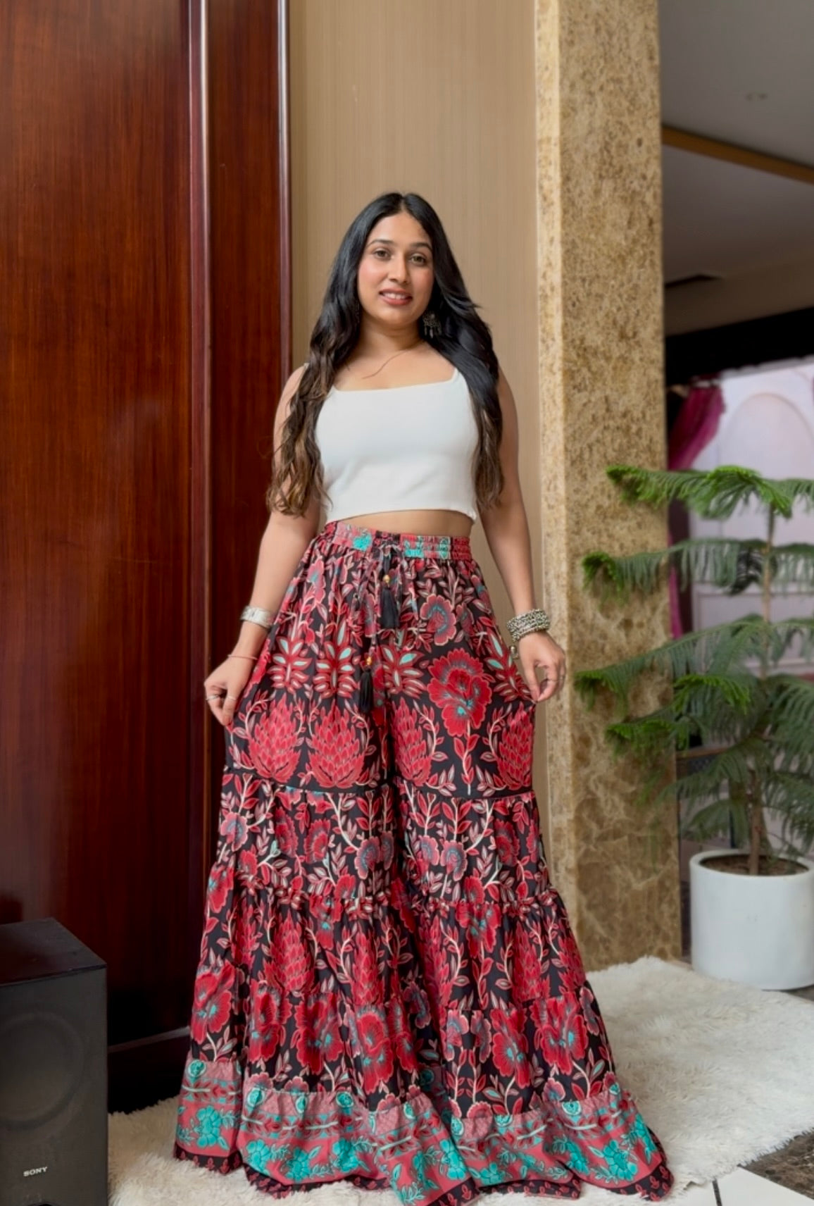 Ruffle Panel Boho Printed Palazzo - Red