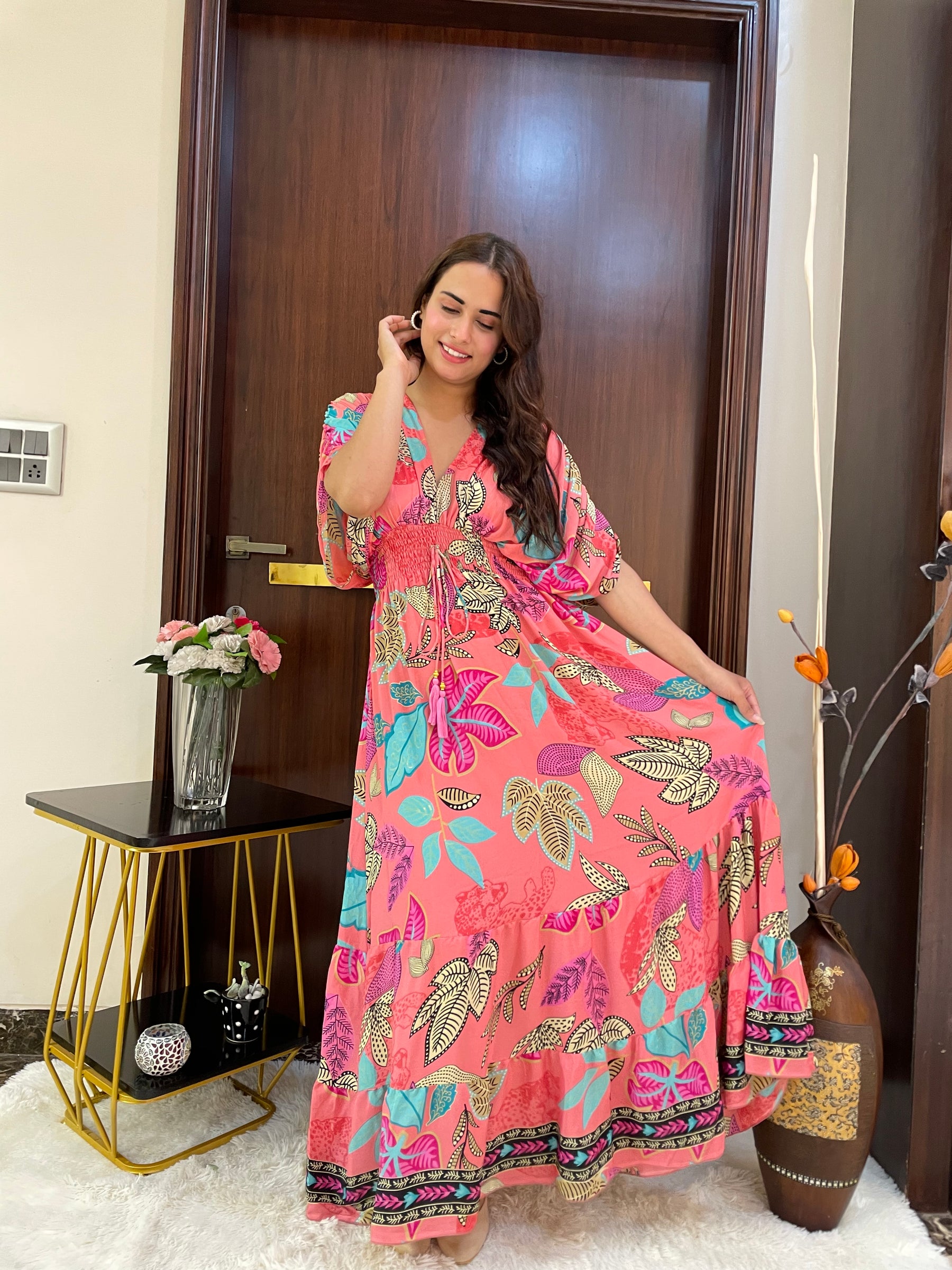 Balloon Pattern Boho Printed Maxi Dress - Peach Punk