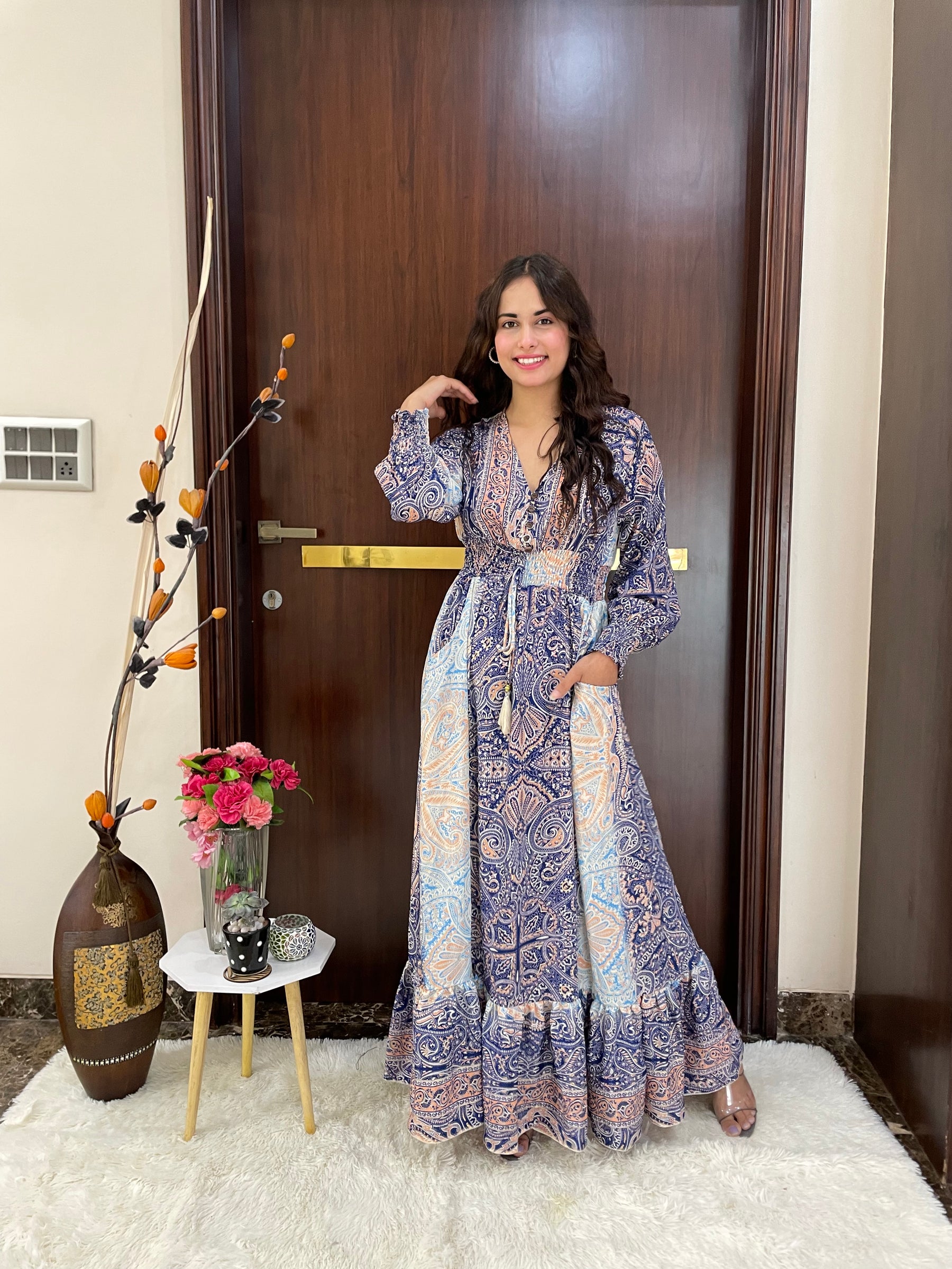 Two shade full sleeves gold(foil)print featured boho maxi dress - Smisingbee