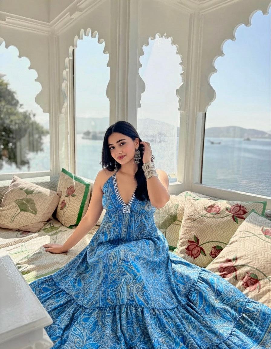 Best Seller- Tie Back Backless Maxi Dress - Turquoise Twilight Best Seller- Tie Back Backless Maxi Dress - Turquoise Twilight