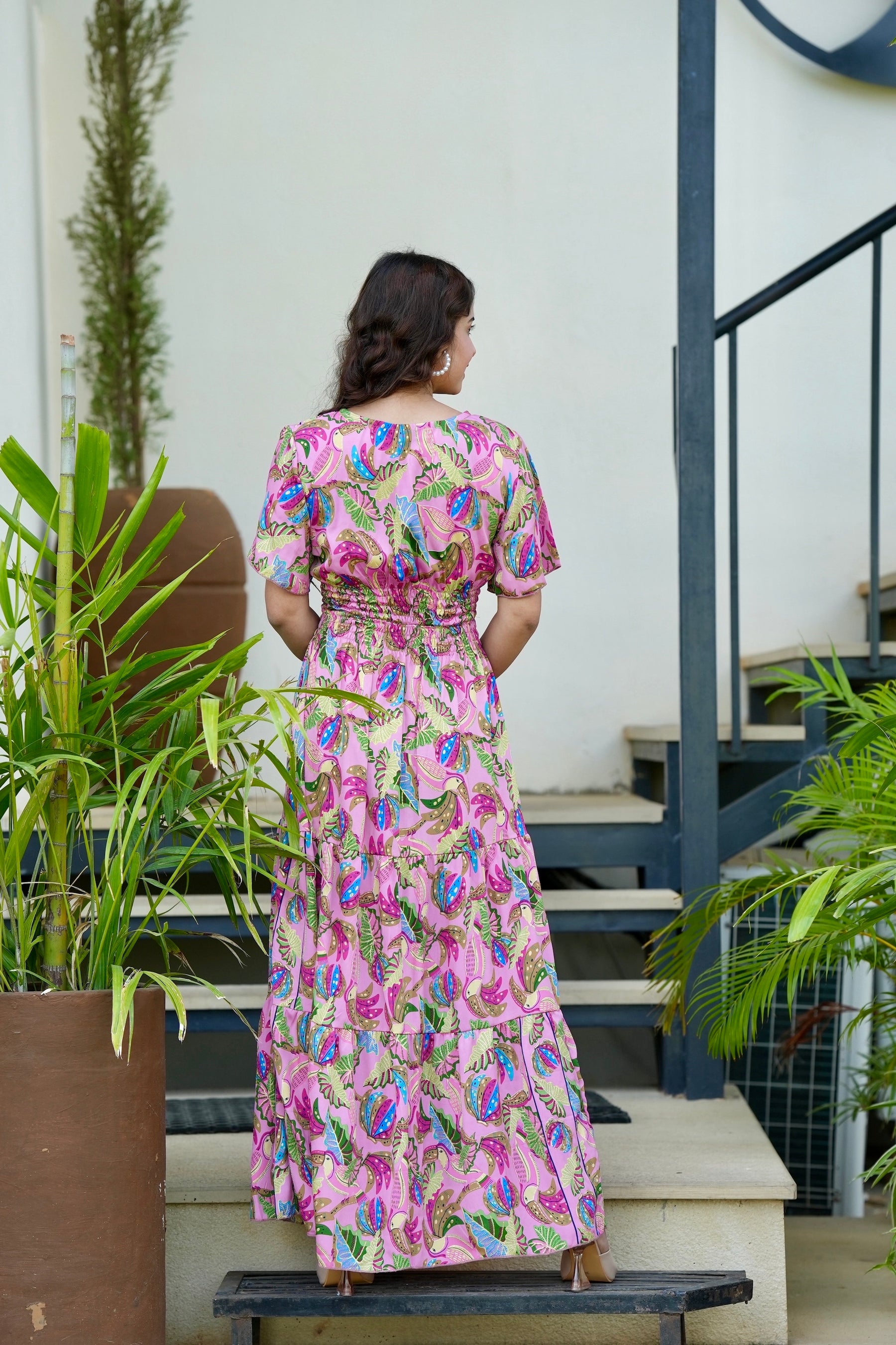 Tie front ruffle hem gold(foil) print featured maxi dress- Candyfloss Smisingbee