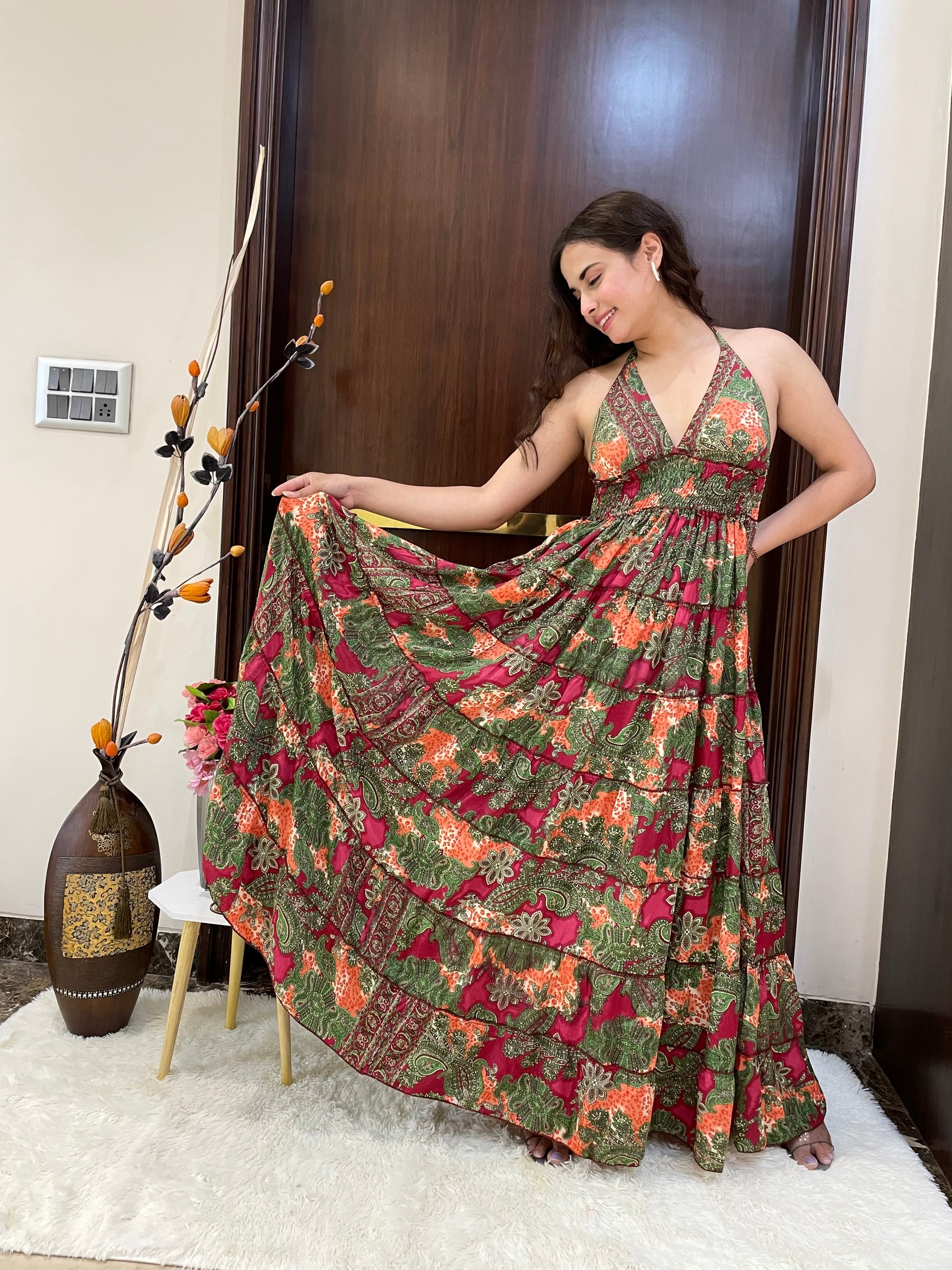Halter Neck Multi Panel Boho printed Maxi Dress In Red and Green