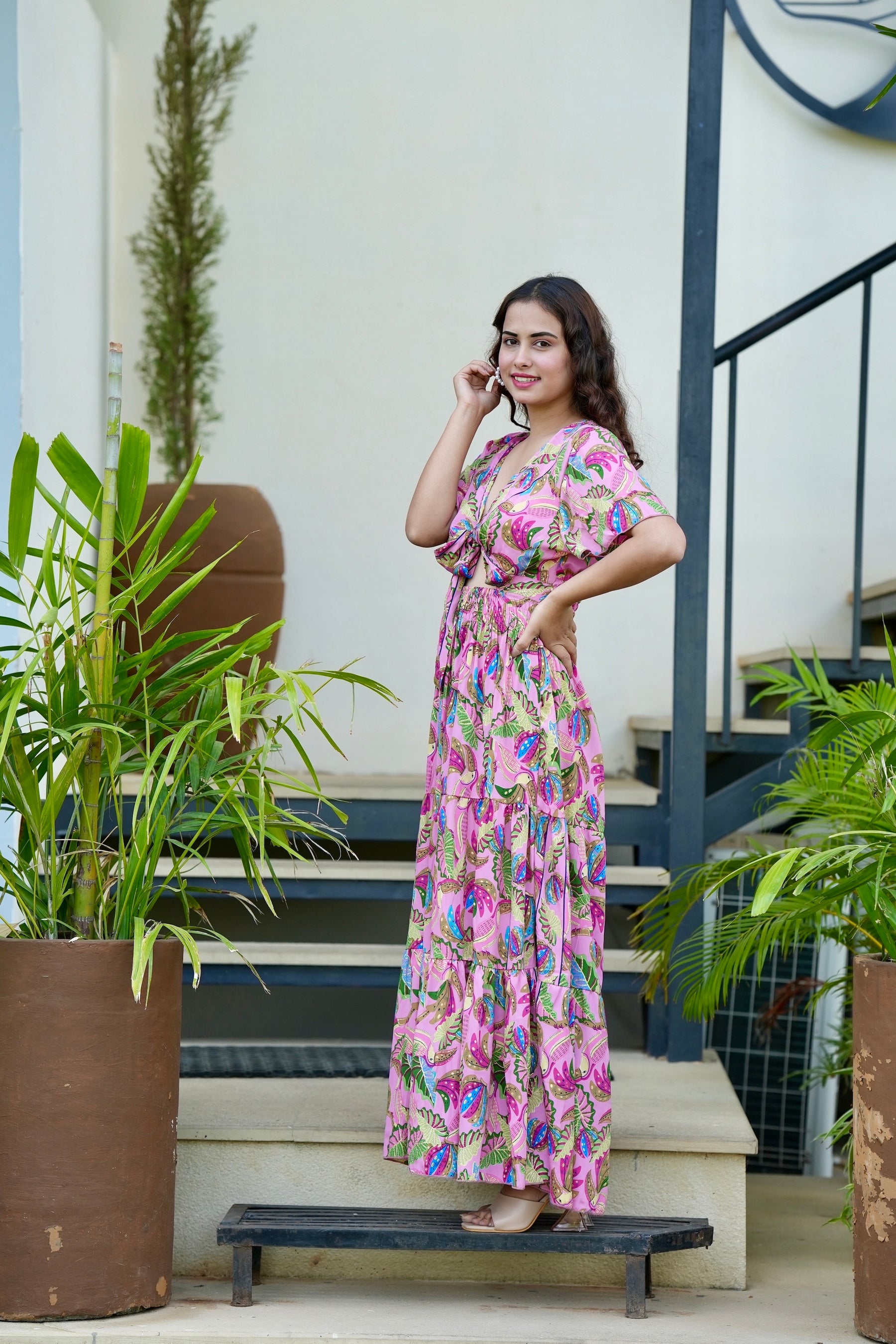 Tie front ruffle hem gold(foil) print featured maxi dress- Candyfloss Smisingbee