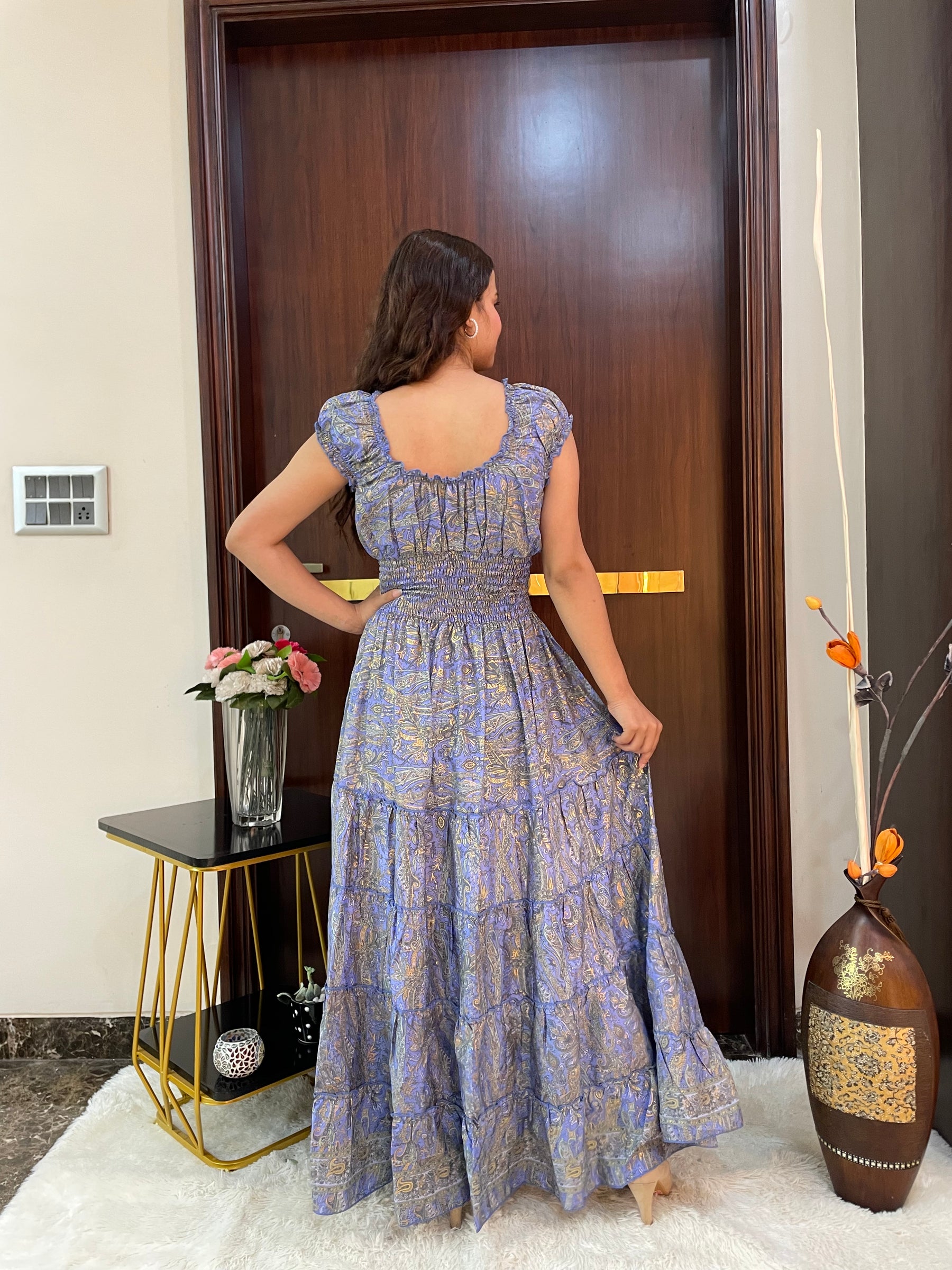 Classic Charm Boho Printed Maxi Dress - Blueberry Latte