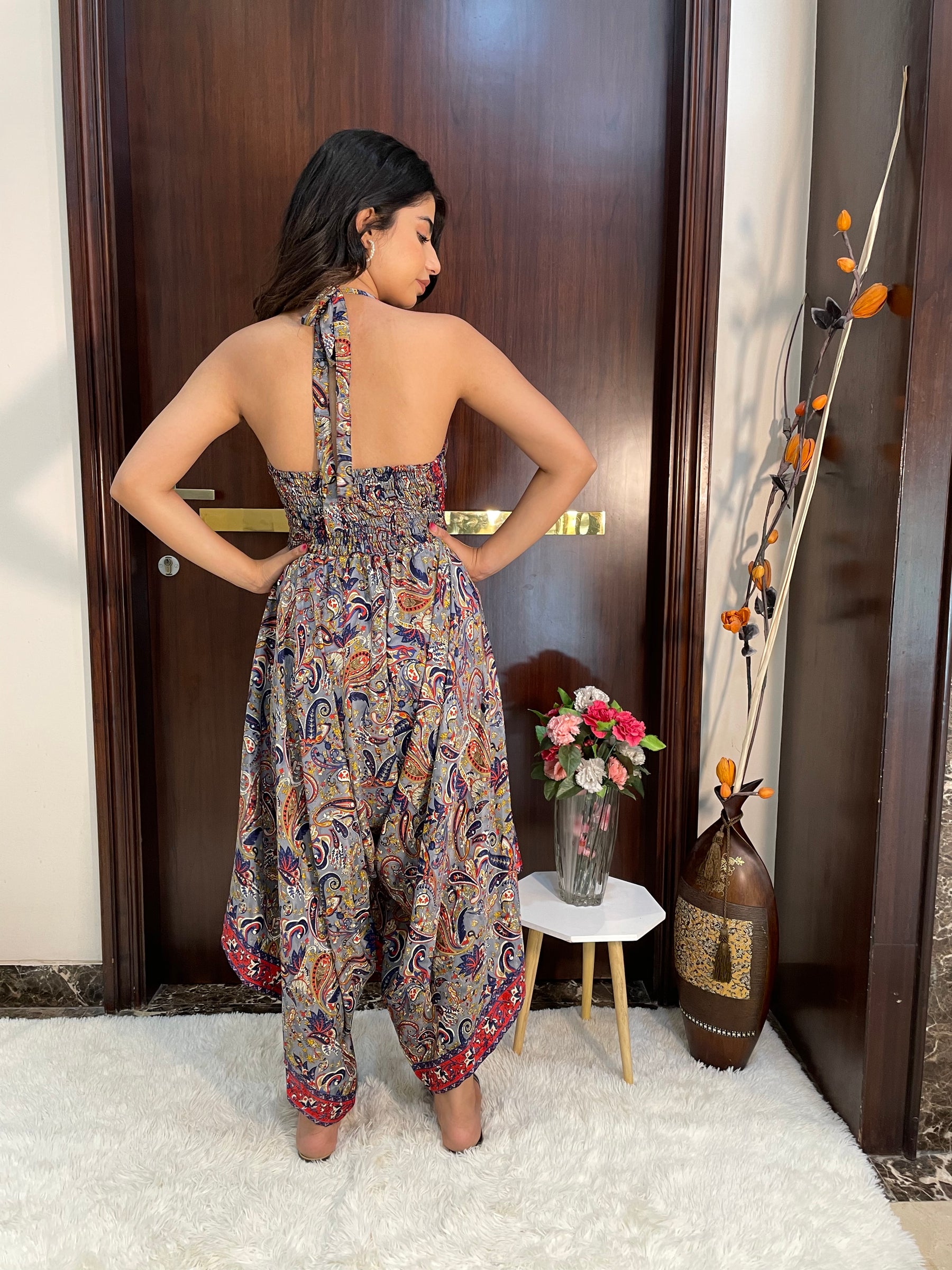 Backless Boho Printed Jumpsuit- Grey