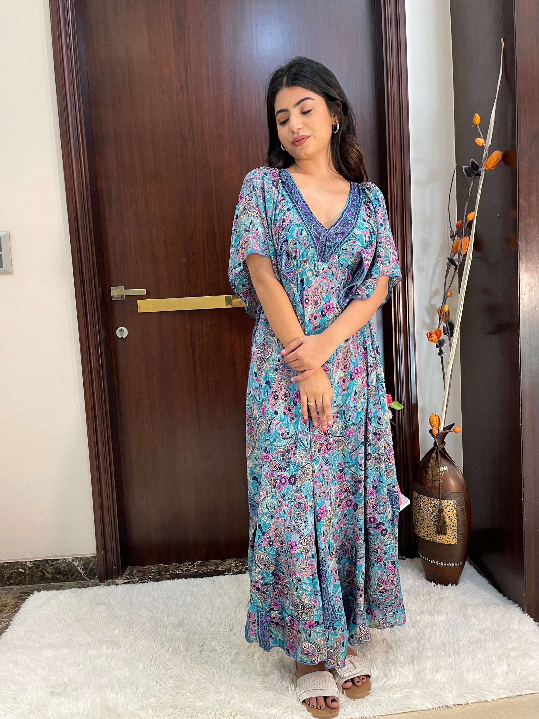 Deep V neck gold (foil) print featured boho maxi dress-Smisingbee
