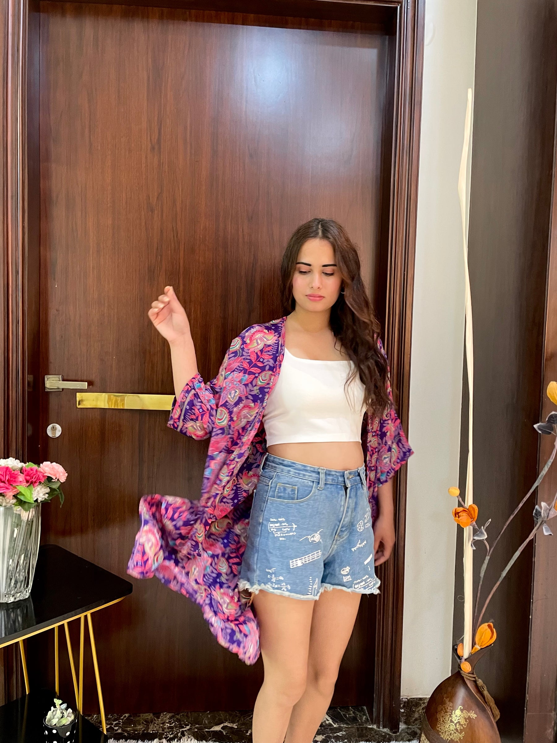 Asymmetric Boho Printed Kimono - Purple Dream