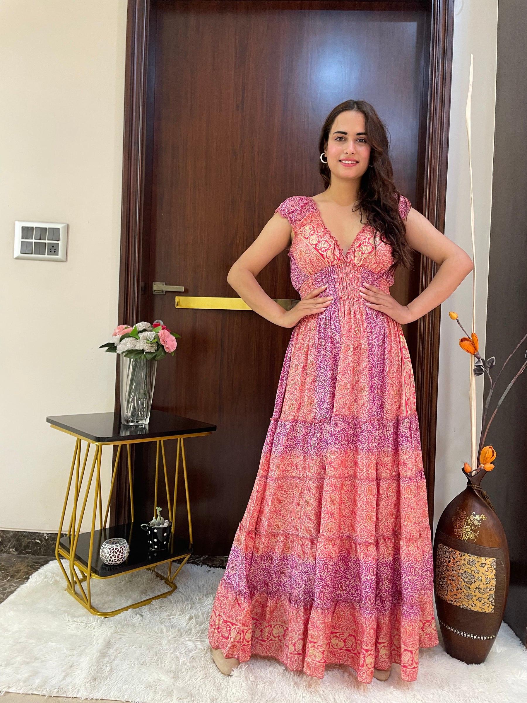 Classic Charm Boho Printed Maxi Dress - Rosy Blossom
